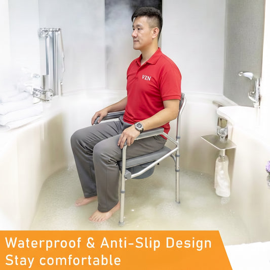 Foldable commode shower chair with adjustable height and anti-rust build. Comfortable, sturdy, and easy to clean
