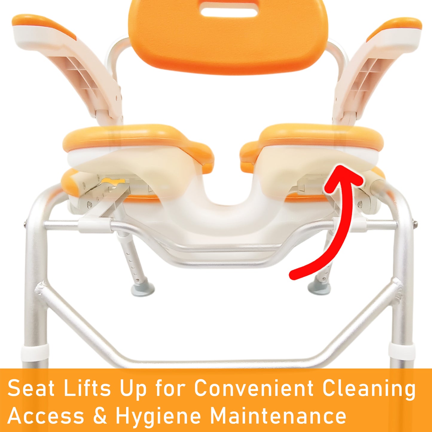 ViN-SC01 | Foldable Shower Chair + Detachable Waterproof EVA Soft Cushion + Armrest Flip Up + Adjustable height + Height Adjustable + Slip Resistant + U-Shape Groove Cutout for Private Cleaning
