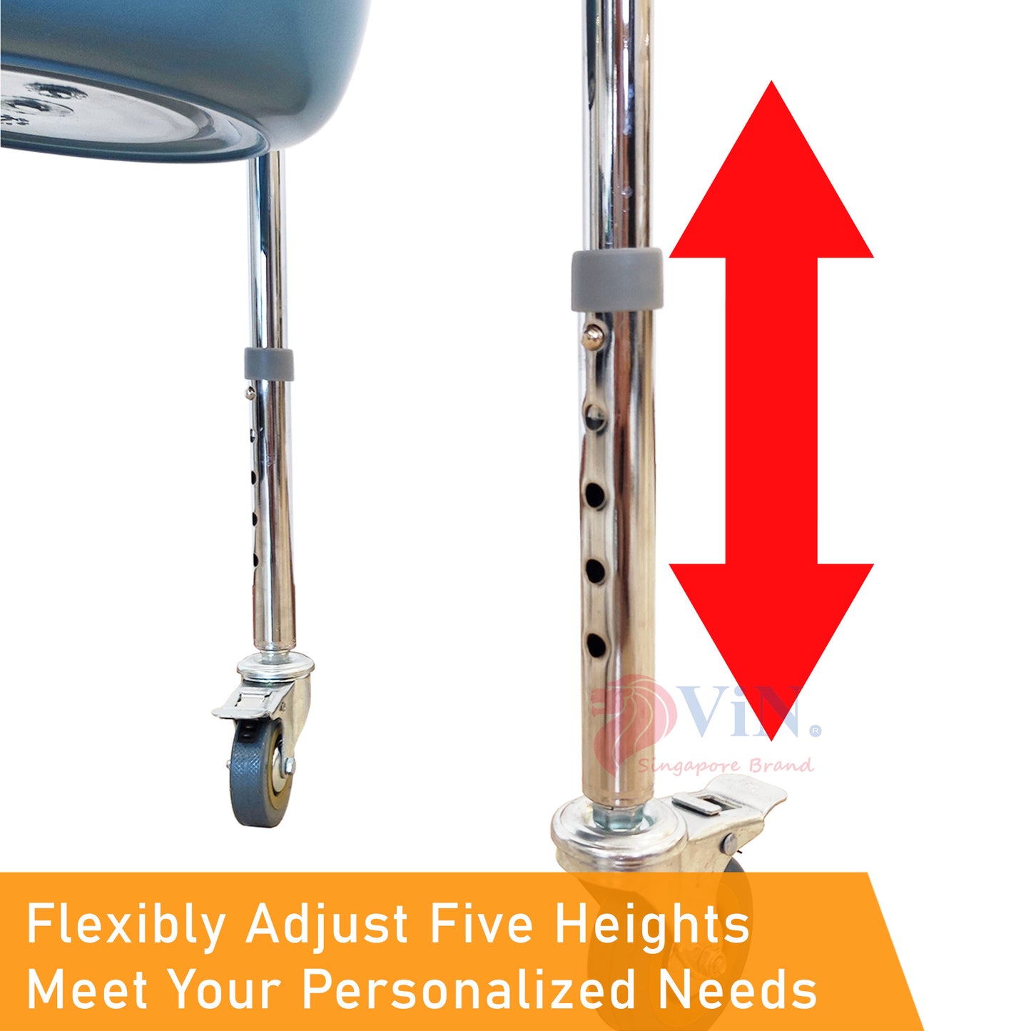 ViN K03 | Commode Chair - Foldable + Adjustable height + 4 Lockable Wheels