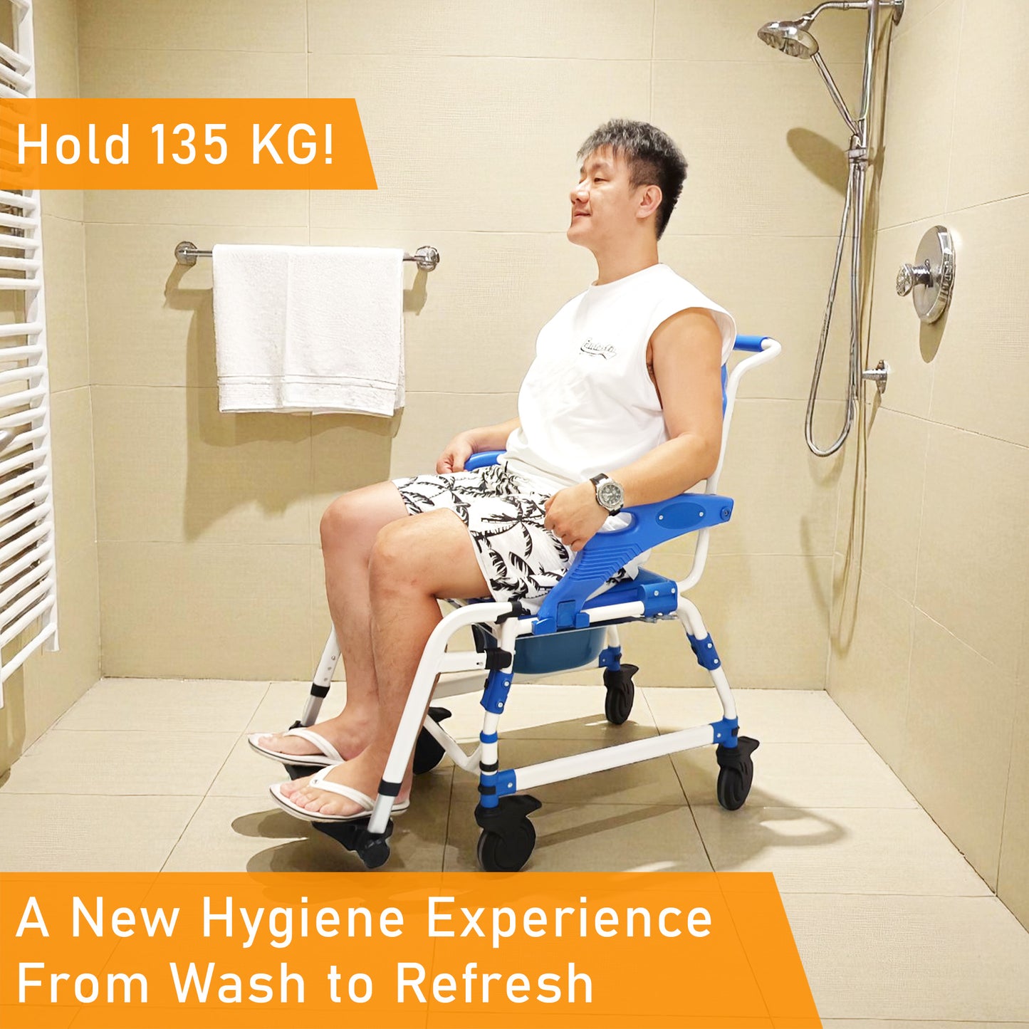 ViN K02 | Shower Commode Indoor Wheelchair + Extra-Wide Seat + 4 Lockable Wheels + Flip Up Armrest + Detachable Adjustable Height Footrest + Detachable Waterproof EVA Cushion