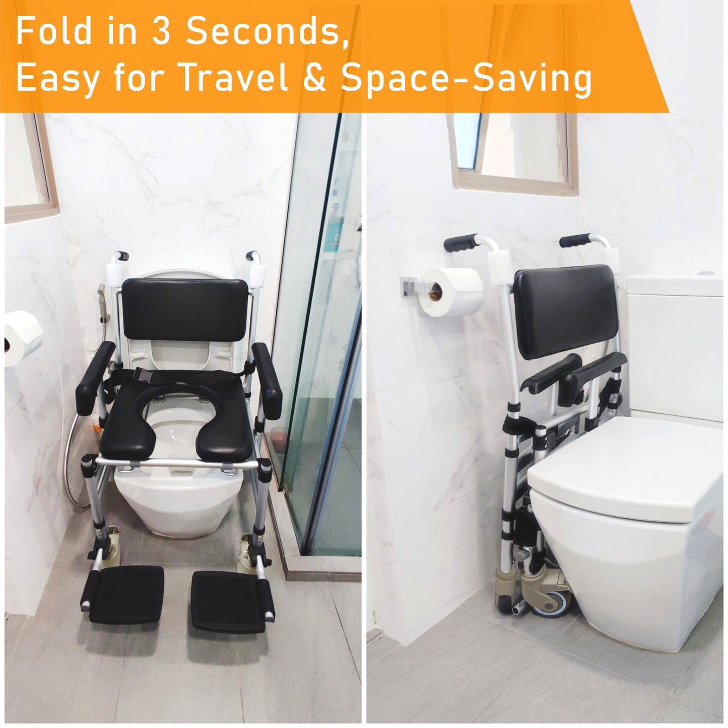 ViN Z05 | Shower Commode Indoor Wheelchair + Foldable + Adjustable height + 4 Lockable Wheels + Flip Down Armrest