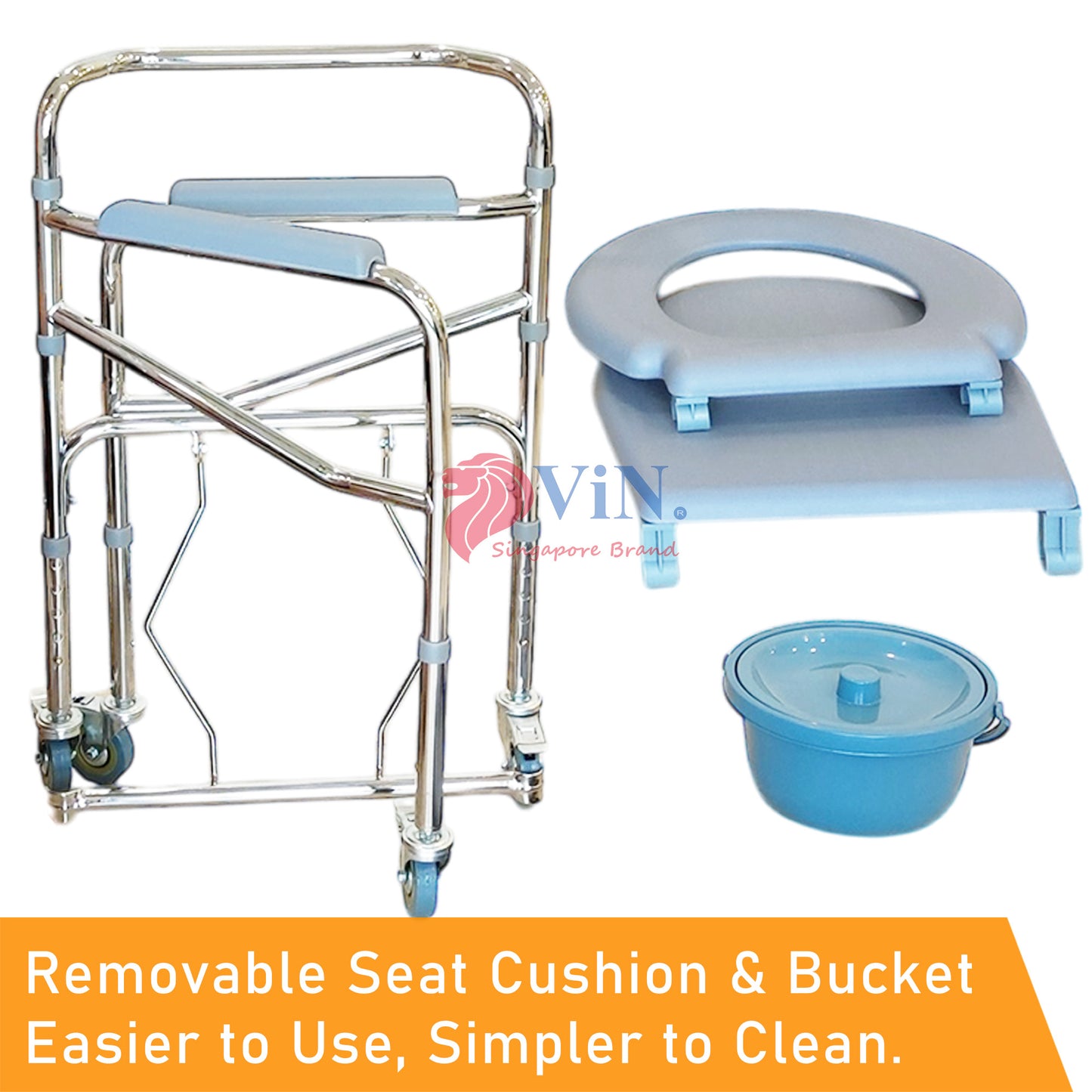 ViN K03 | Commode Chair - Foldable + Adjustable height + 4 Lockable Wheels