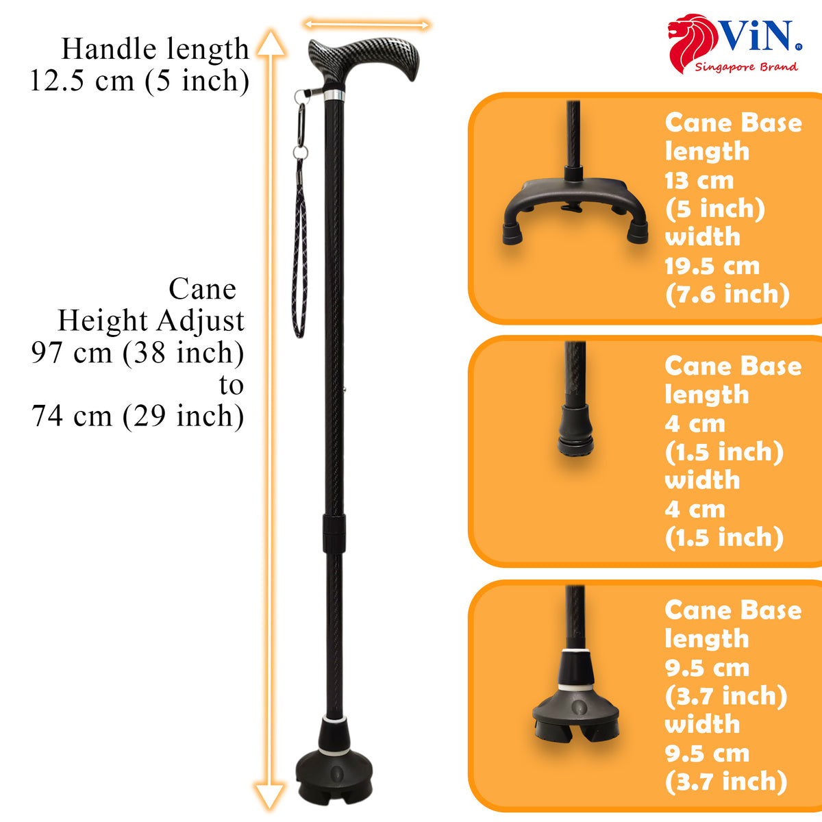 ViN-WS08 | Carbon Fiber Cane + Ultra lightweight 250 Gram + Self-Standing + 360 Degree Turn + 10 Section Adjustable + Anti-Slip + Safety Strap + Flexible Tip + Large Quad Cane Base + Basic Base