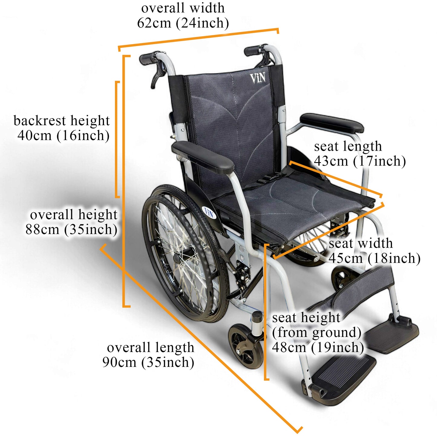 ViN 11A Self Propelled Wheelchair, durable wheelchair with fixed armrest and fixed legrest for daily use