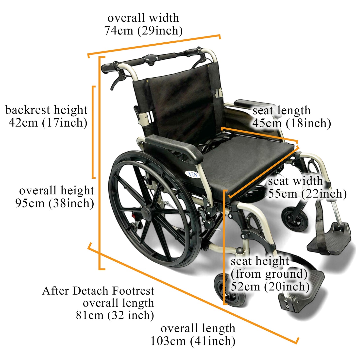 ViN 46AL Big Wheelchair, heavy-duty self propelled wheelchair with 150kg capacity and detachable armrest and legrest