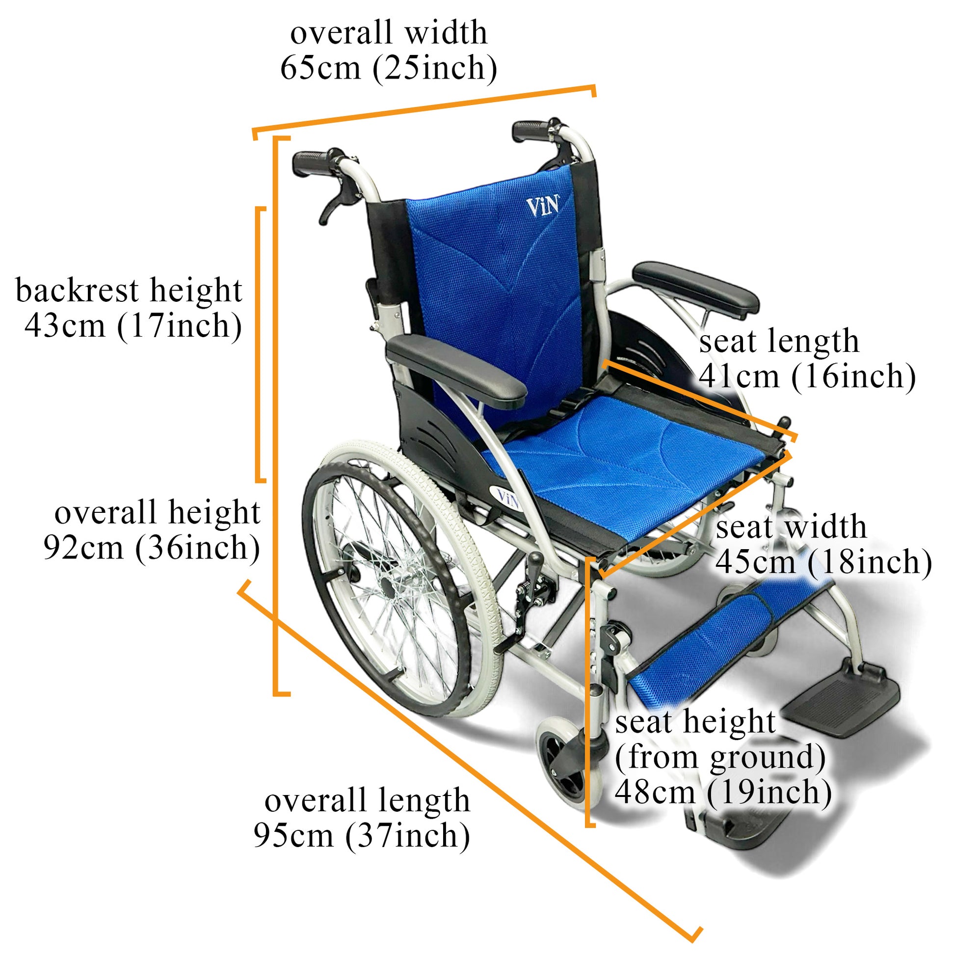 ViN 32AAT Self Propelled Wheelchair, sturdy wheelchair with fixed armrest, retractable footrest, and anti-tipper