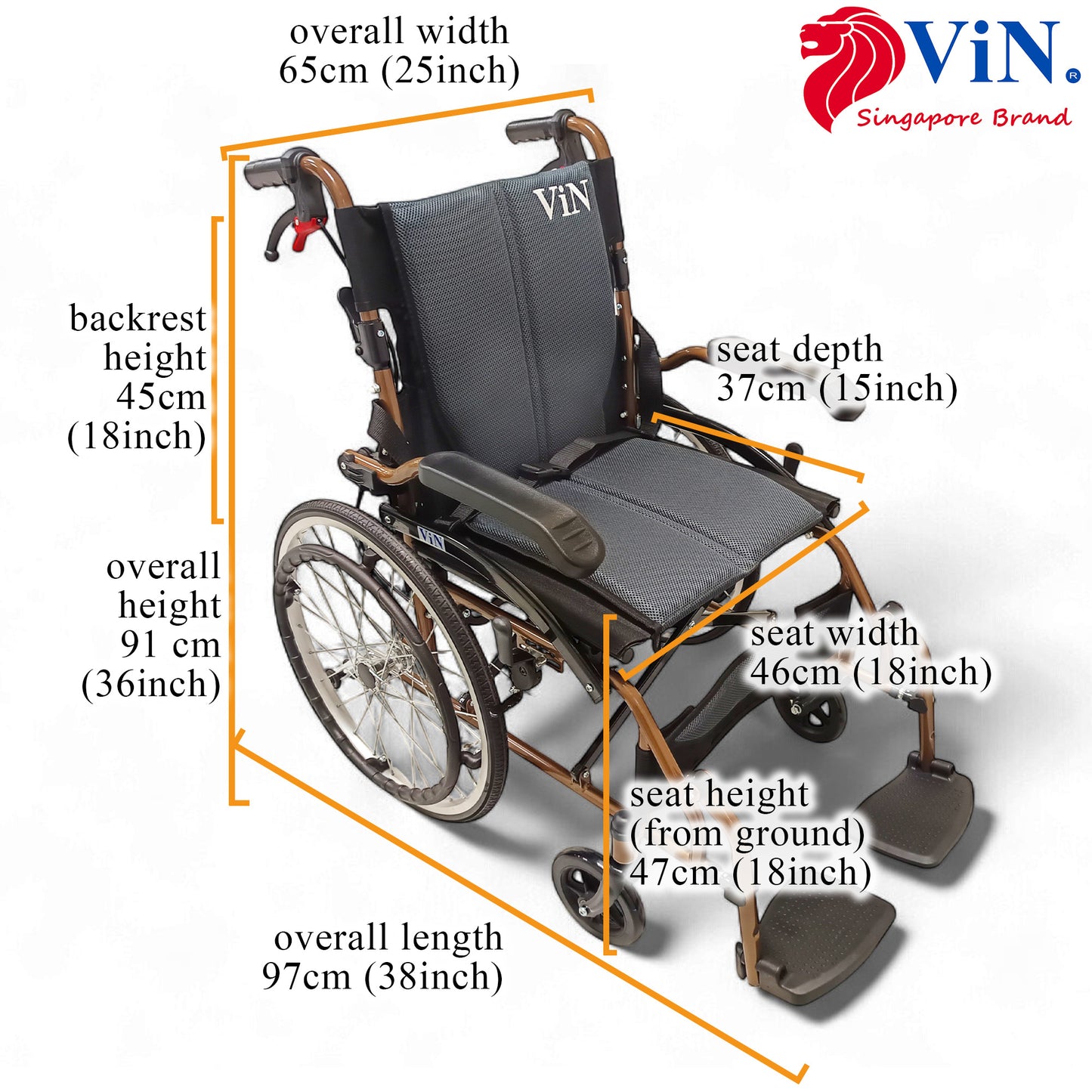 ViN DY878 Self Propelled Wheelchair, washable cushion, durable model with flip-up armrest, retractable footrest, and safety design