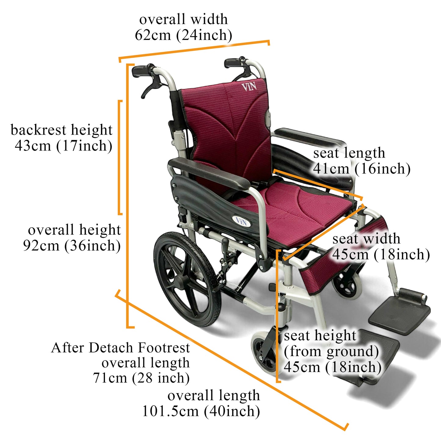 ViN 46A5S Pushchair, compact lightweight wheelchair with washable cushion, detachable legrest, and anti-tipper