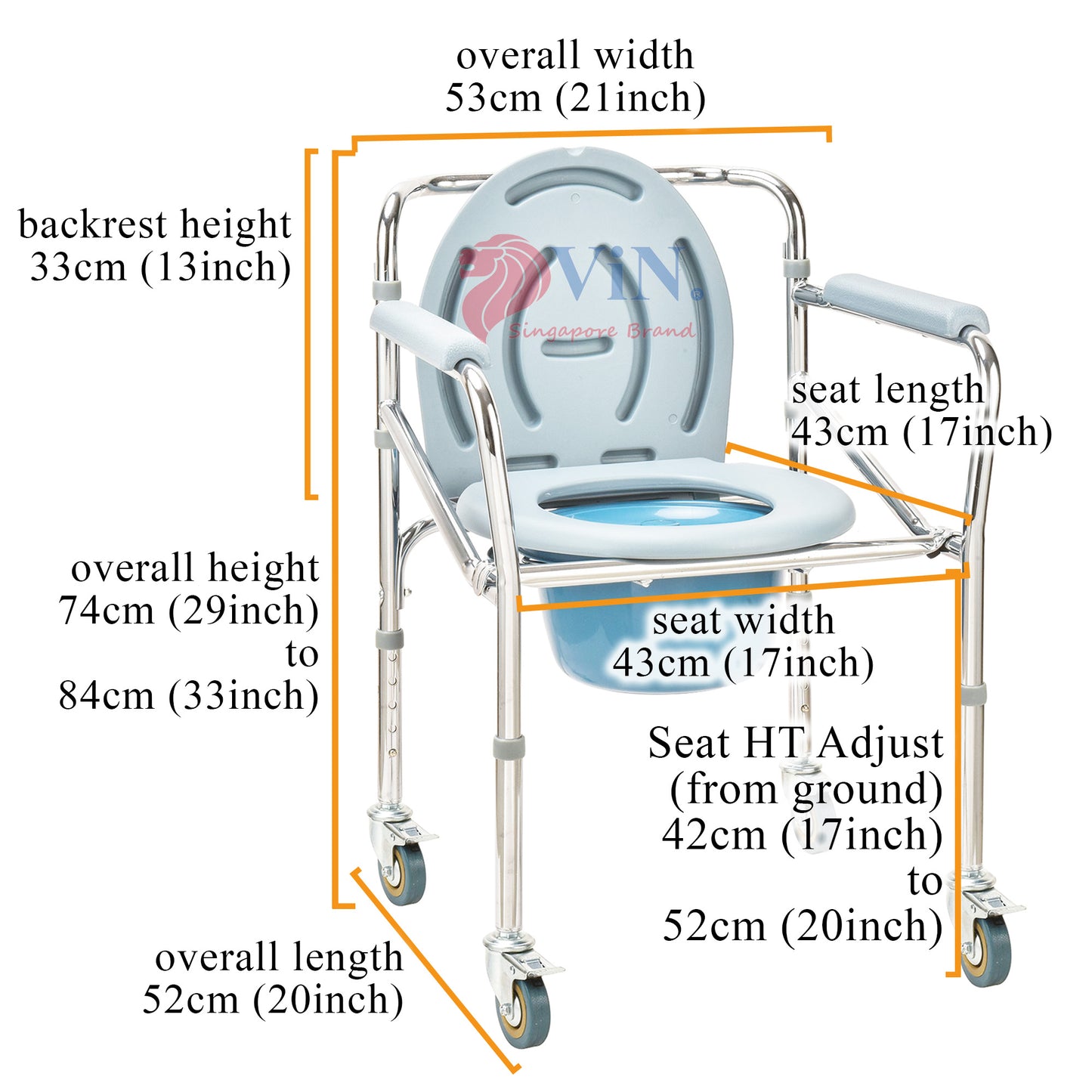 ViN K03 | Commode Chair - Foldable + Adjustable height + 4 Lockable Wheels