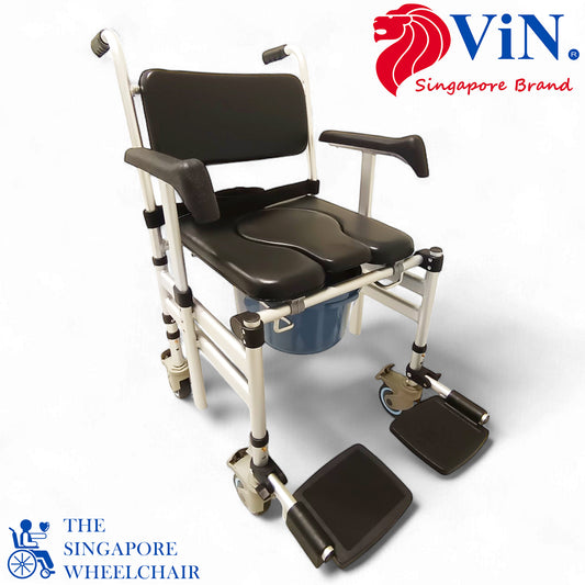 ViN Z05 Shower Commode Wheelchair, foldable commode chair with adjustable height, lockable wheels, and flip-down armrest