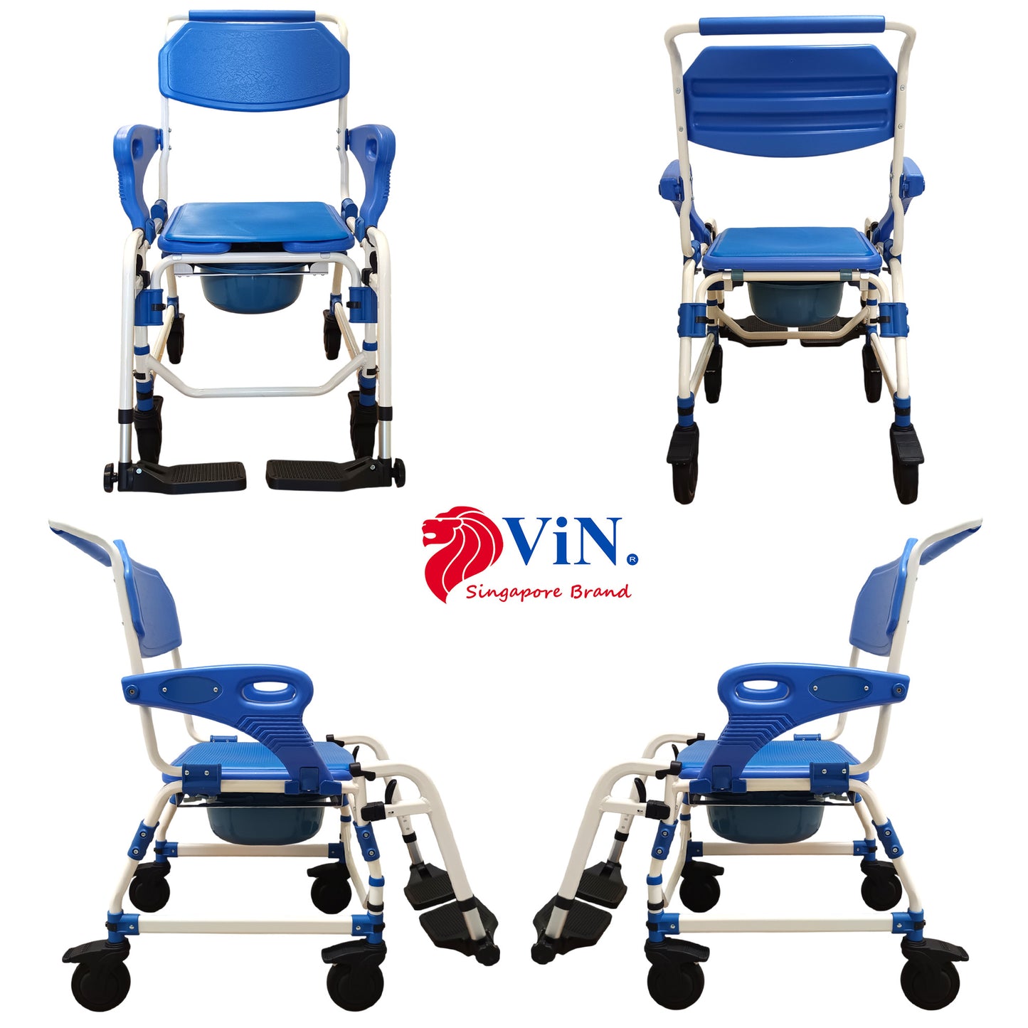 ViN-K02 | Shower Commode Indoor Wheelchair + Extra-Wide Seat + 4 Lockable Wheels + Flip Up Armrest + Detachable Adjustable Height Footrest + Detachable Waterproof EVA Cushion