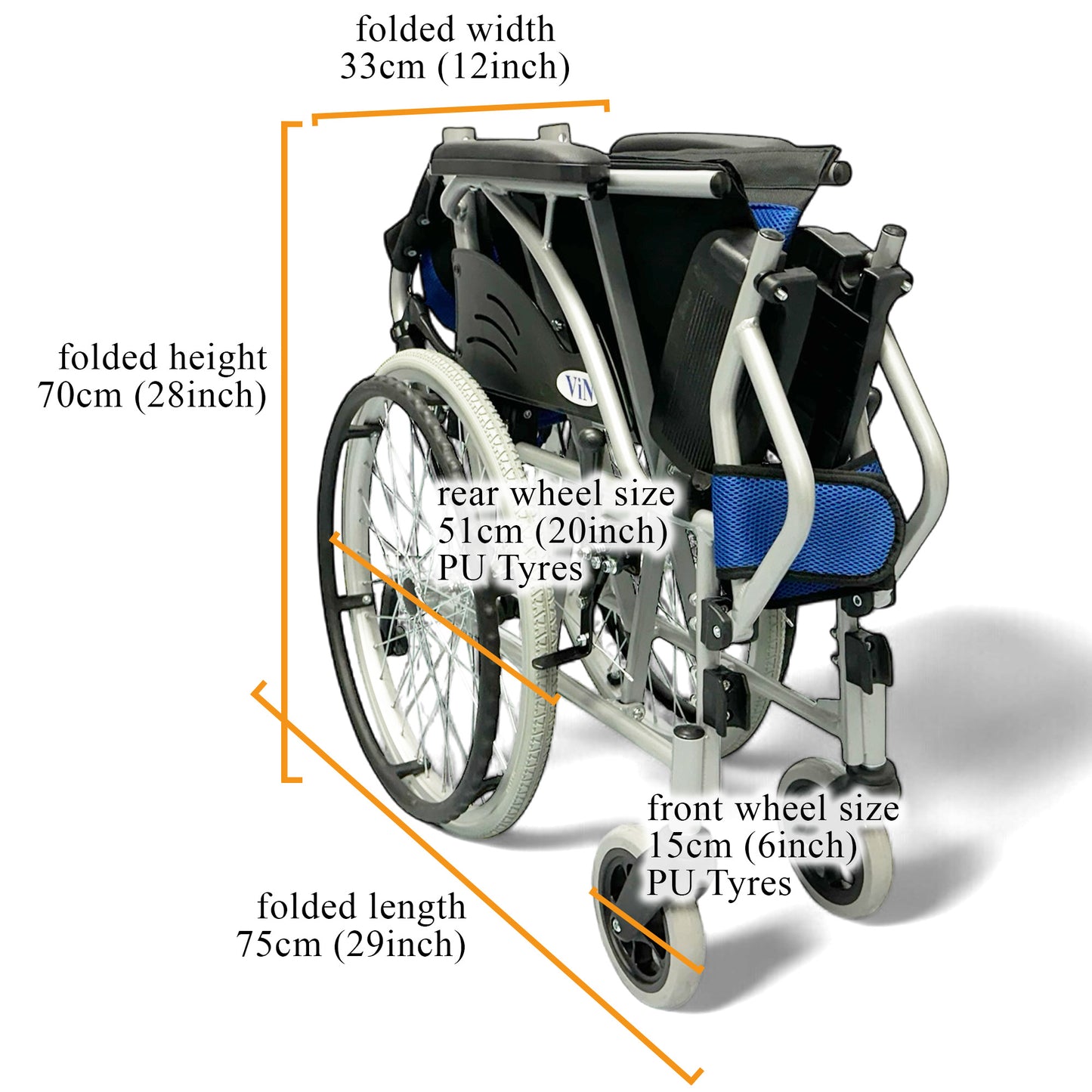 ViN 32AAT Self Propelled Wheelchair, sturdy wheelchair with fixed armrest, retractable footrest, and anti-tipper