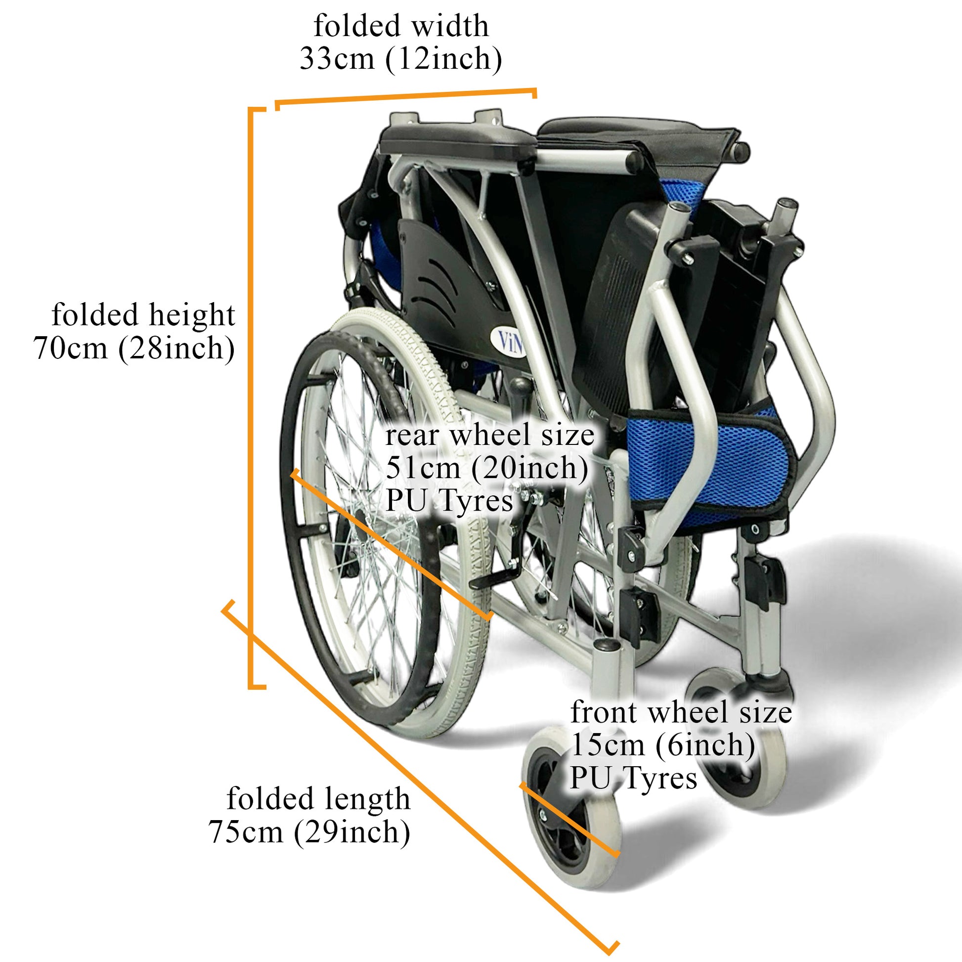 ViN 32AAT Self Propelled Wheelchair, sturdy wheelchair with fixed armrest, retractable footrest, and anti-tipper