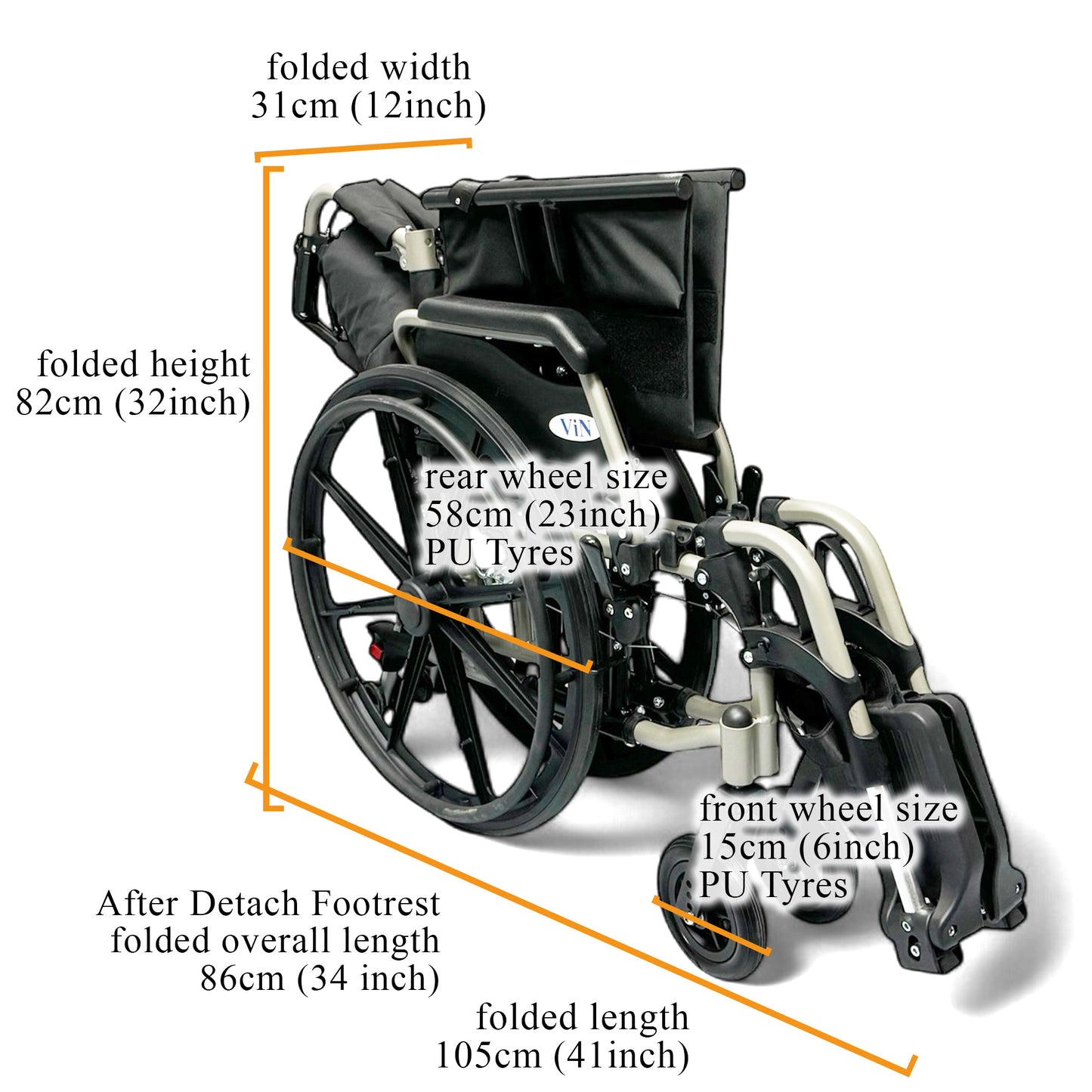 ViN 46AL Big Wheelchair, heavy-duty self propelled wheelchair with 150kg capacity and detachable armrest and legrest