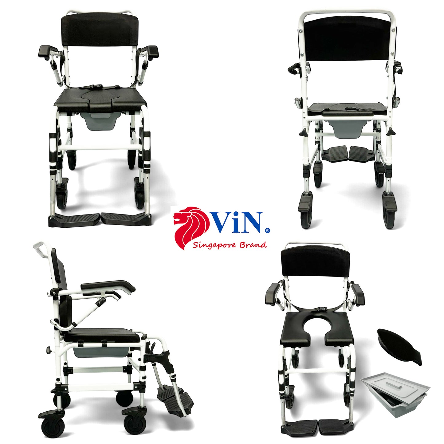 ViN K08 Shower Commode Wheelchair, indoor commode chair with lockable wheels, flip armrest, and detachable footrest