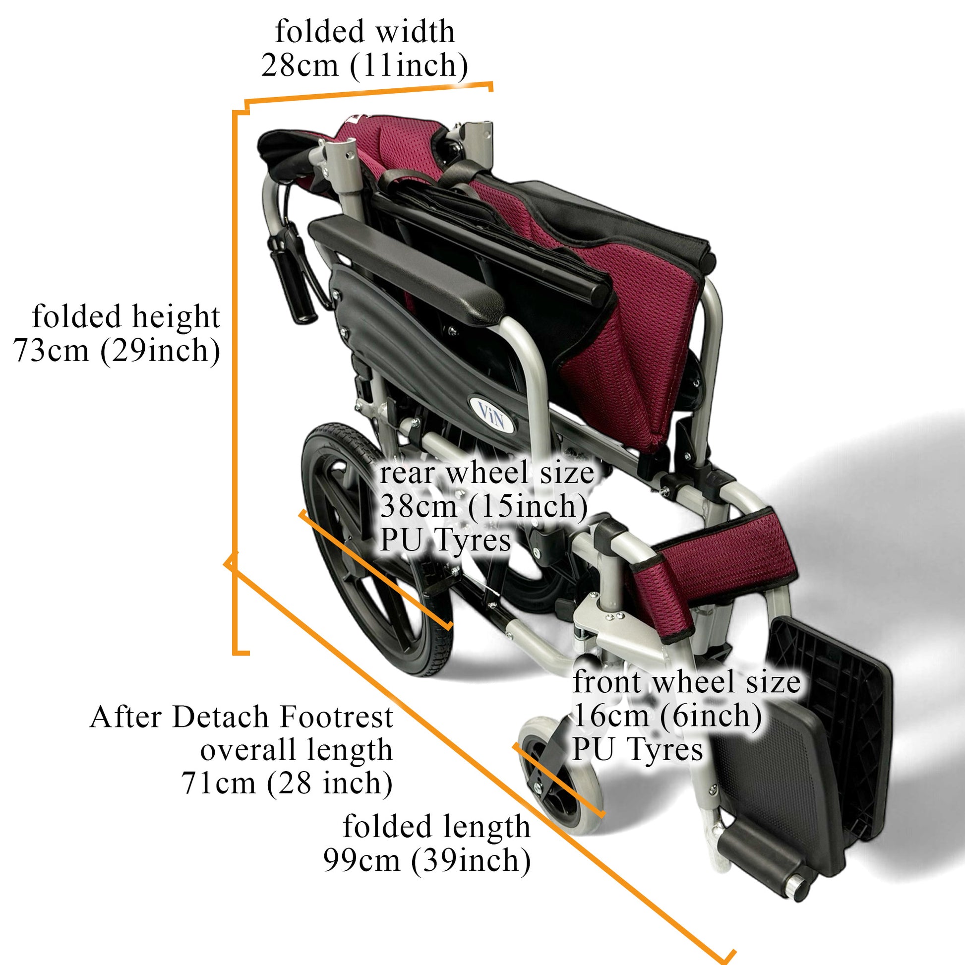 ViN 46A5S Pushchair, compact lightweight wheelchair with washable cushion, detachable legrest, and anti-tipper