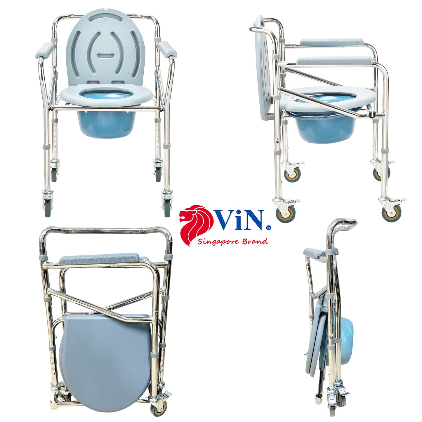 ViN-K03 | Commode Chair - Foldable + Adjustable height + 4 Lockable Wheels