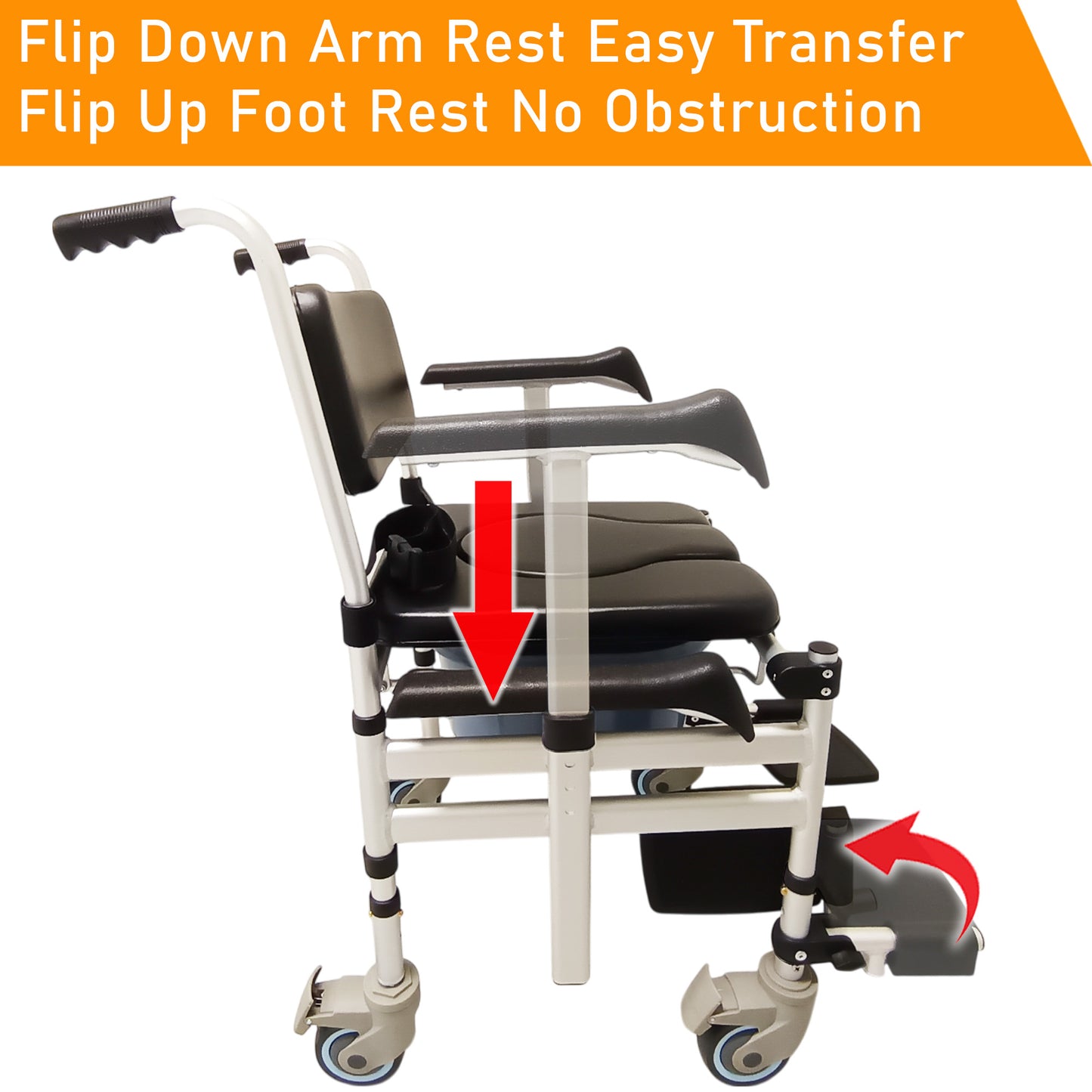 ViN Z05 | Shower Commode Indoor Wheelchair + Foldable + Adjustable height + 4 Lockable Wheels + Flip Down Armrest