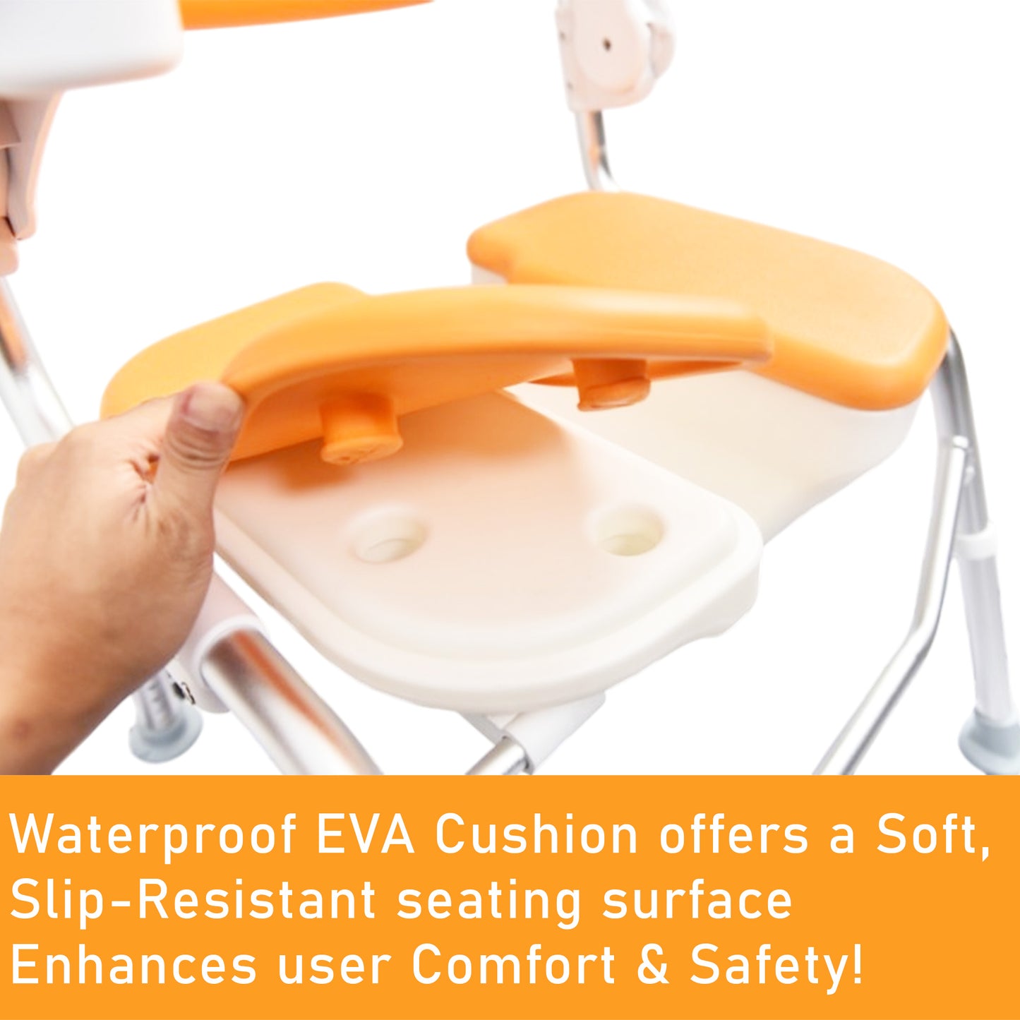 ViN-SC01 | Foldable Shower Chair + Detachable Waterproof EVA Soft Cushion + Armrest Flip Up + Adjustable height + Height Adjustable + Slip Resistant + U-Shape Groove Cutout for Private Cleaning
