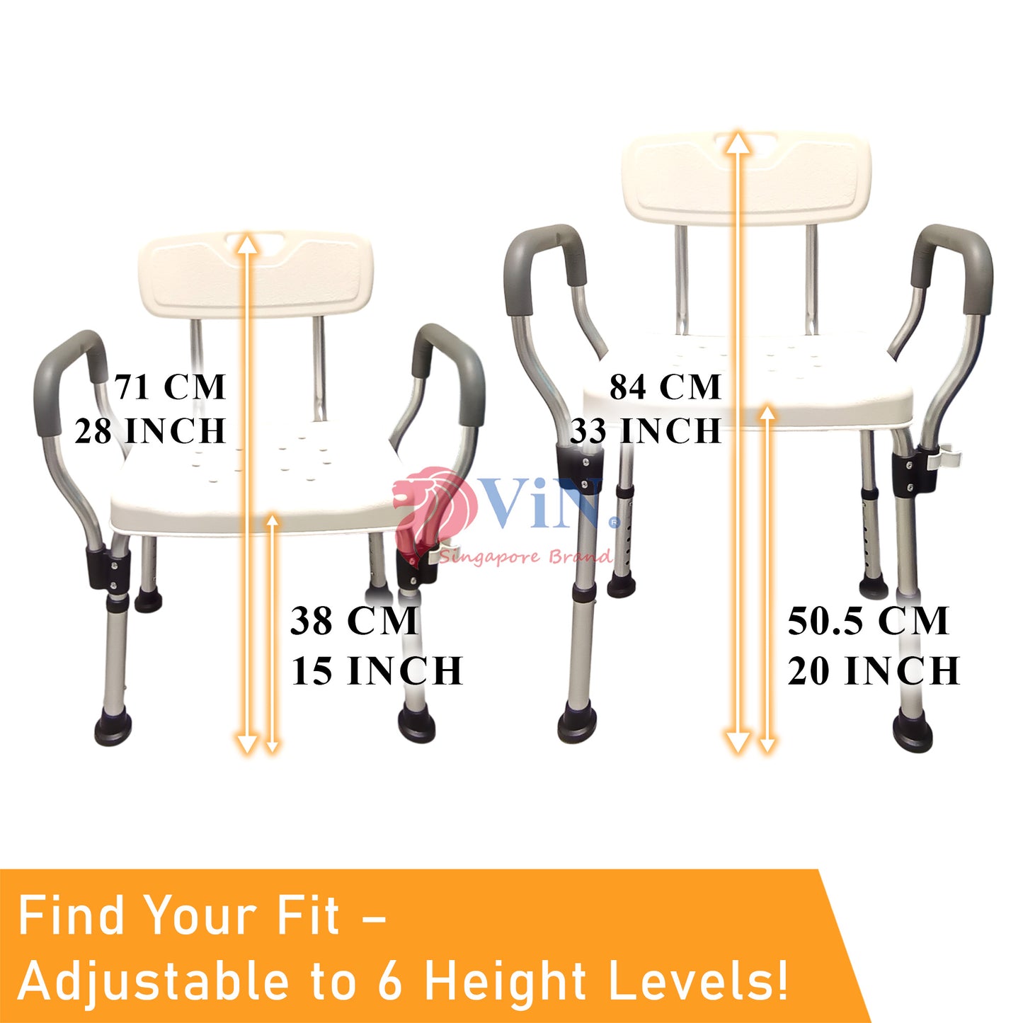 ViN-SC02 | Ultra Lightweight Shower Chair + Detachable Waterproof Armrest Soft Cushion + Height Adjustable + Slip Resistant + Strengthened Main Structure