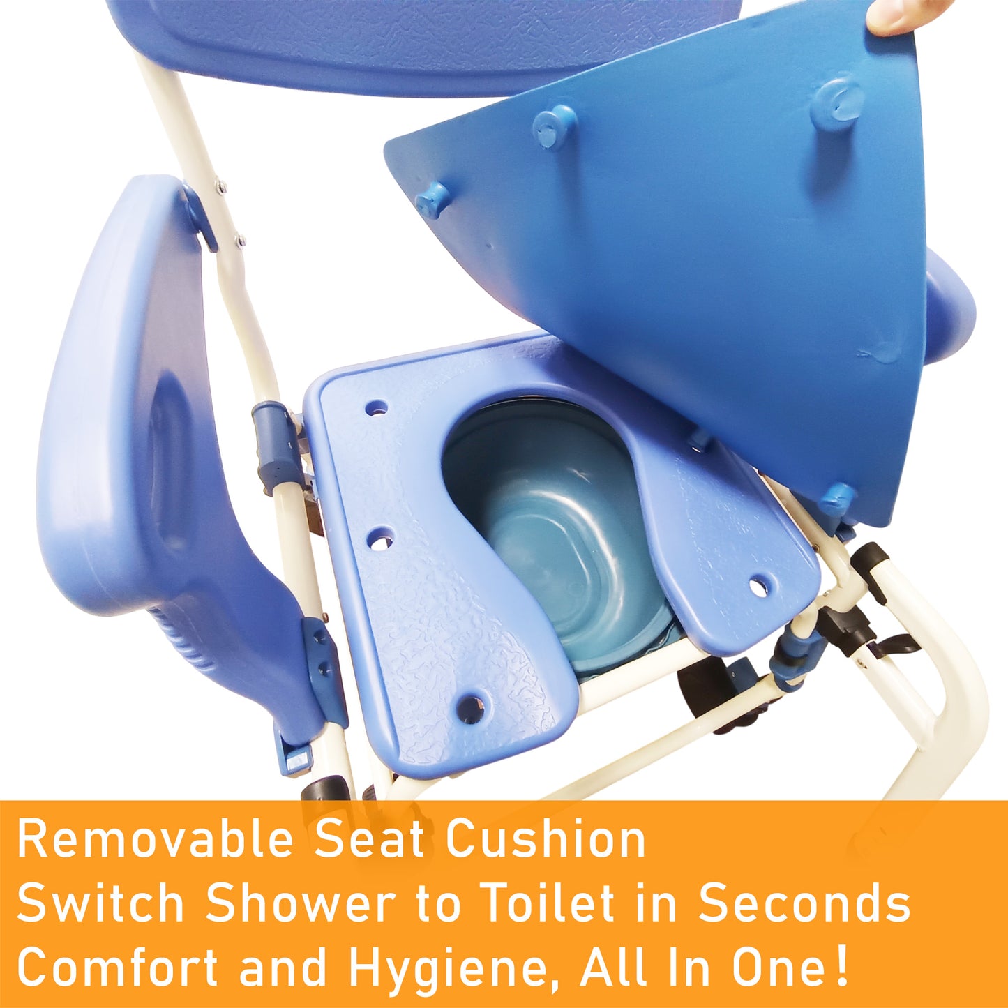 ViN K02 | Shower Commode Indoor Wheelchair + Extra-Wide Seat + 4 Lockable Wheels + Flip Up Armrest + Detachable Adjustable Height Footrest + Detachable Waterproof EVA Cushion