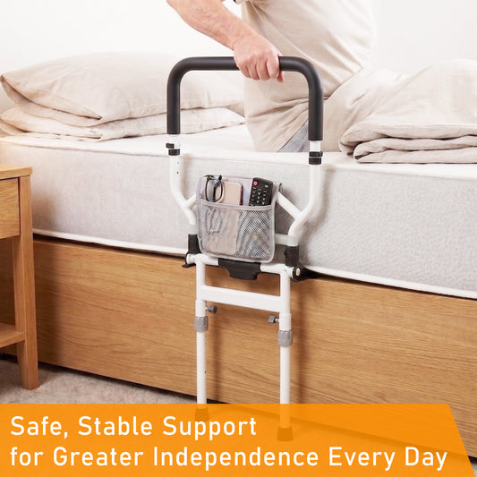 Adjustable height bed rail for elderly with flip-down handrail, cushioned handle, leg support, stainless steel frame with Powder Coating, and secure safety belt.