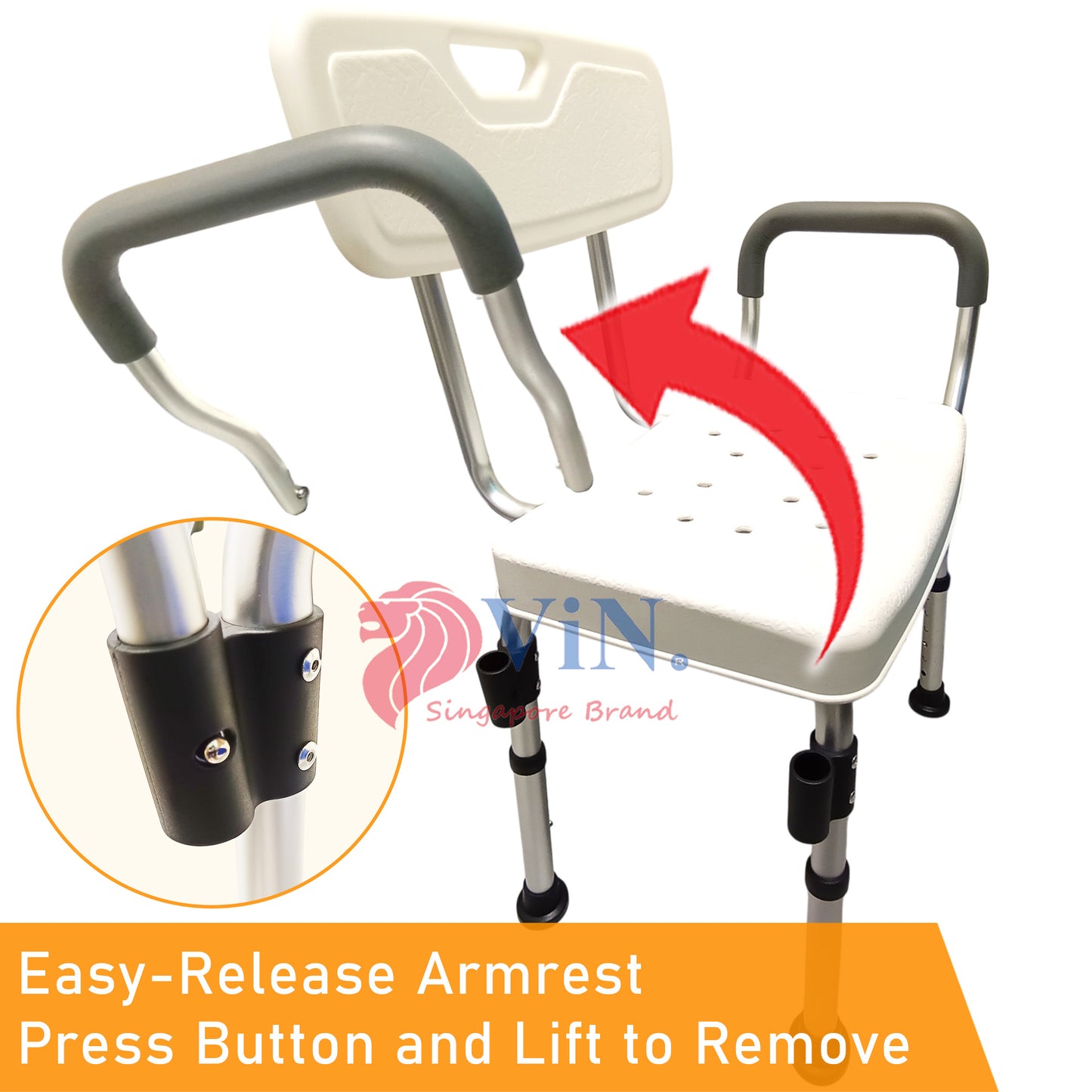ViN-SC02 | Ultra Lightweight Shower Chair + Detachable Waterproof Armrest Soft Cushion + Height Adjustable + Slip Resistant + Strengthened Main Structure