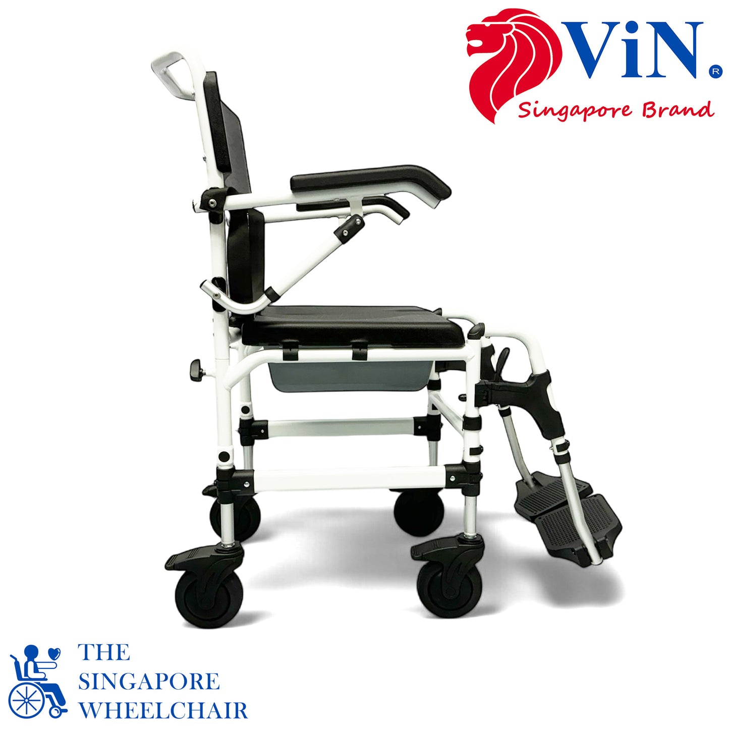 ViN K08 Shower Commode Wheelchair, indoor commode chair with lockable wheels, flip armrest, and detachable footrest