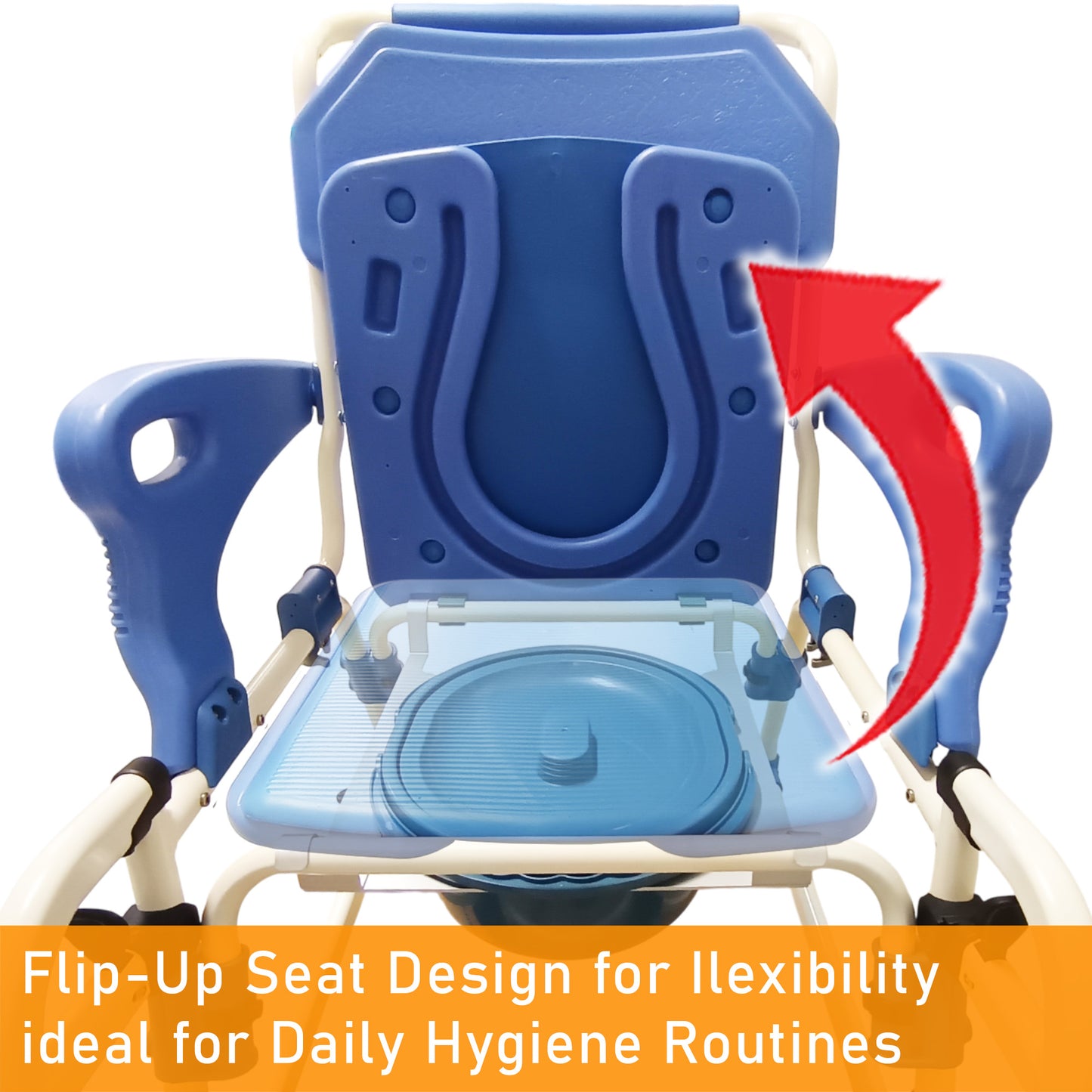 ViN K02 | Shower Commode Indoor Wheelchair + Extra-Wide Seat + 4 Lockable Wheels + Flip Up Armrest + Detachable Adjustable Height Footrest + Detachable Waterproof EVA Cushion