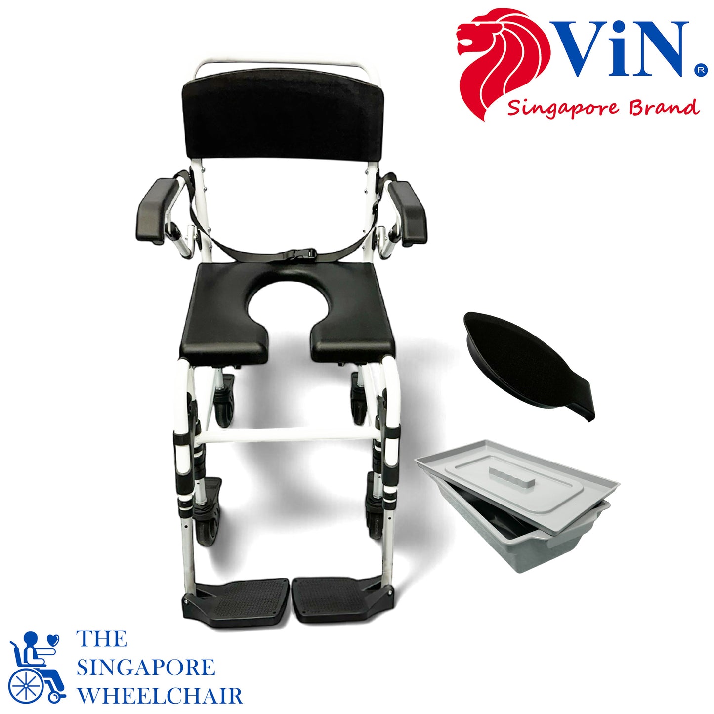 ViN K08 Shower Commode Wheelchair, indoor commode chair with lockable wheels, flip armrest, and detachable footrest