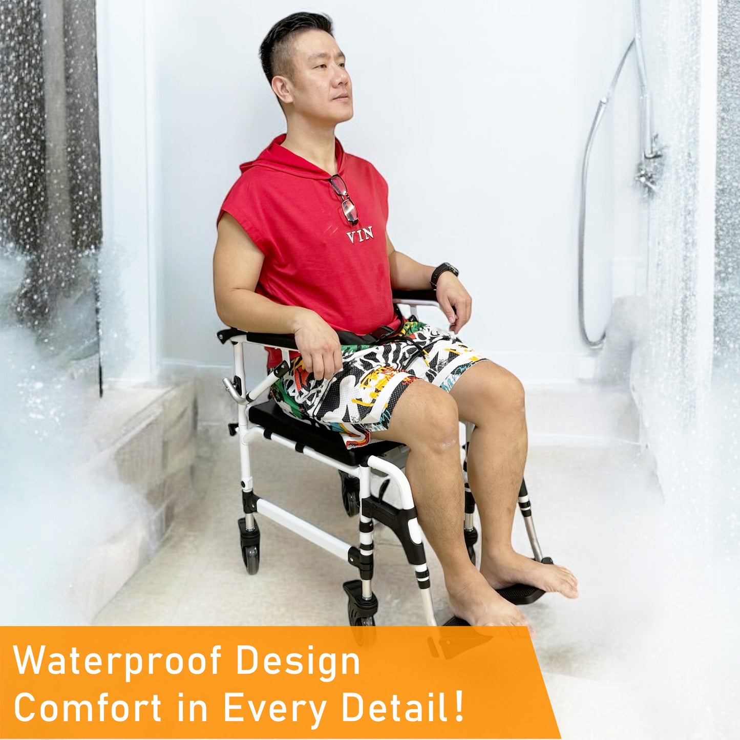 ViN K08 | Shower Commode Indoor Wheelchair - Adjustable height + 4 Lockable Rotation Wheels + Flip Up Armrest + Flip/Detach Footrest