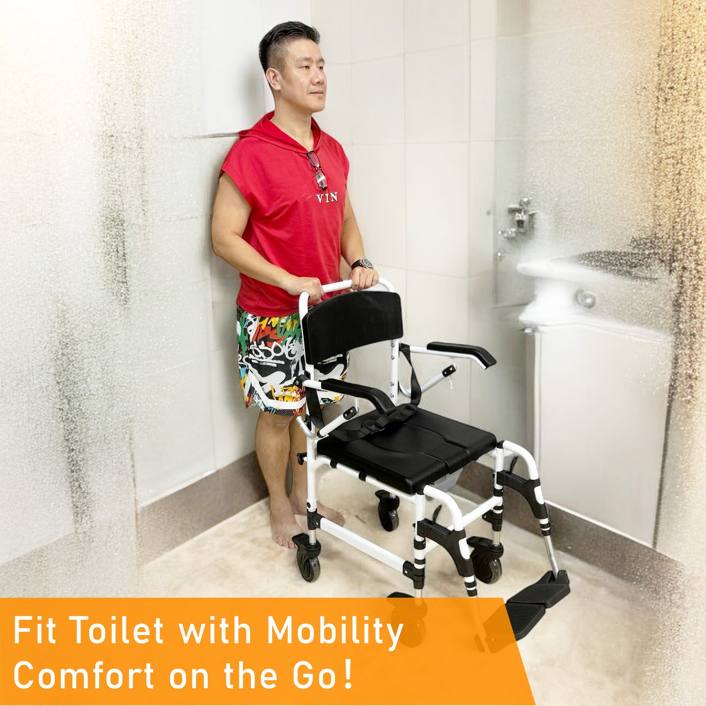 ViN K08 | Shower Commode Indoor Wheelchair - Adjustable height + 4 Lockable Rotation Wheels + Flip Up Armrest + Flip/Detach Footrest