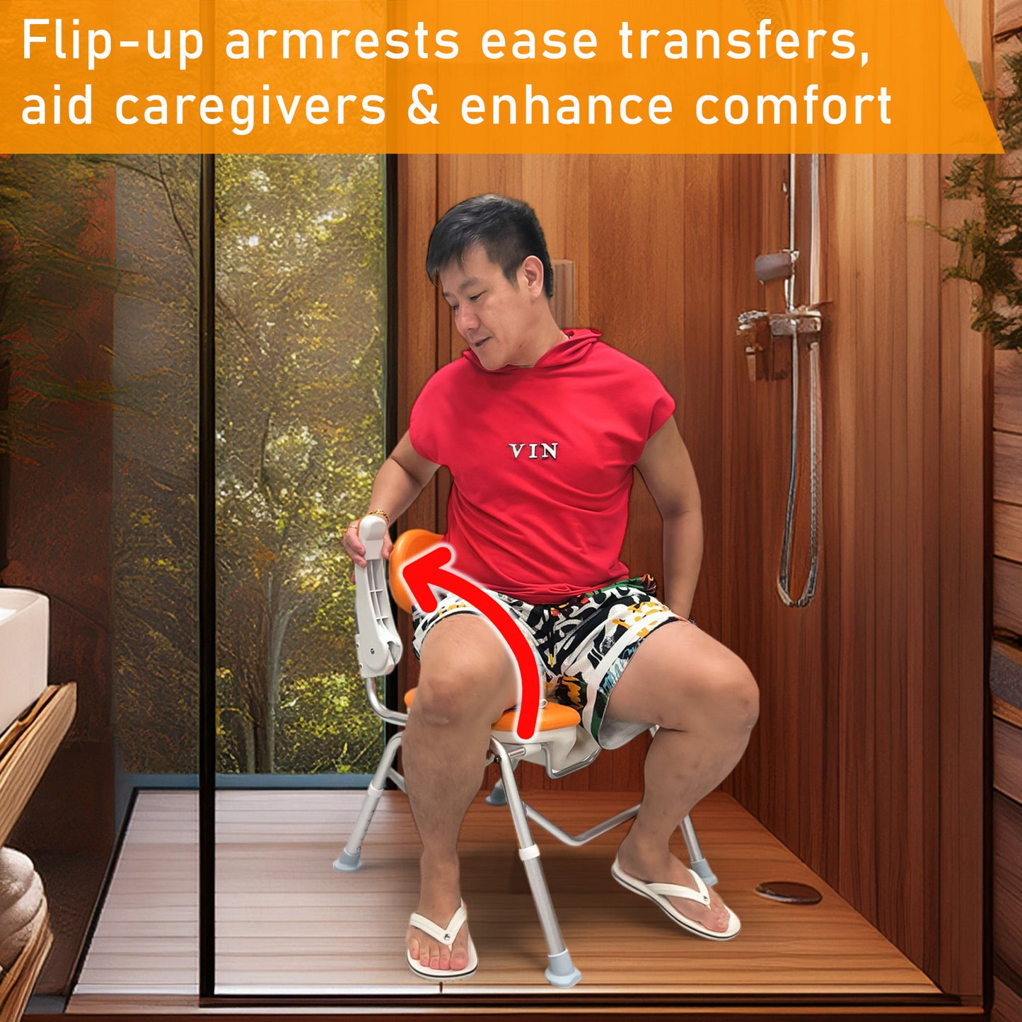 ViN-SC01 | Foldable Shower Chair + Detachable Waterproof EVA Soft Cushion + Armrest Flip Up + Adjustable height + Height Adjustable + Slip Resistant + U-Shape Groove Cutout for Private Cleaning