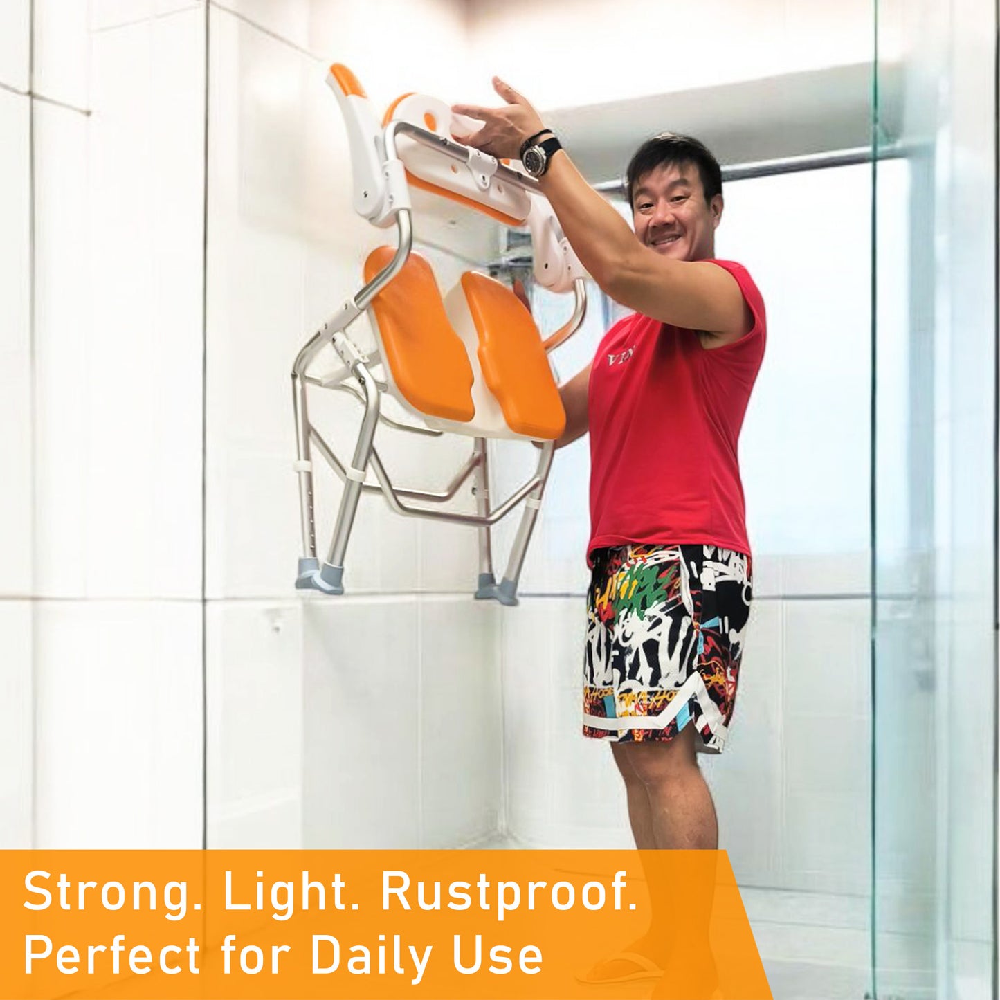 ViN-SC01 | Foldable Shower Chair + Detachable Waterproof EVA Soft Cushion + Armrest Flip Up + Adjustable height + Height Adjustable + Slip Resistant + U-Shape Groove Cutout for Private Cleaning