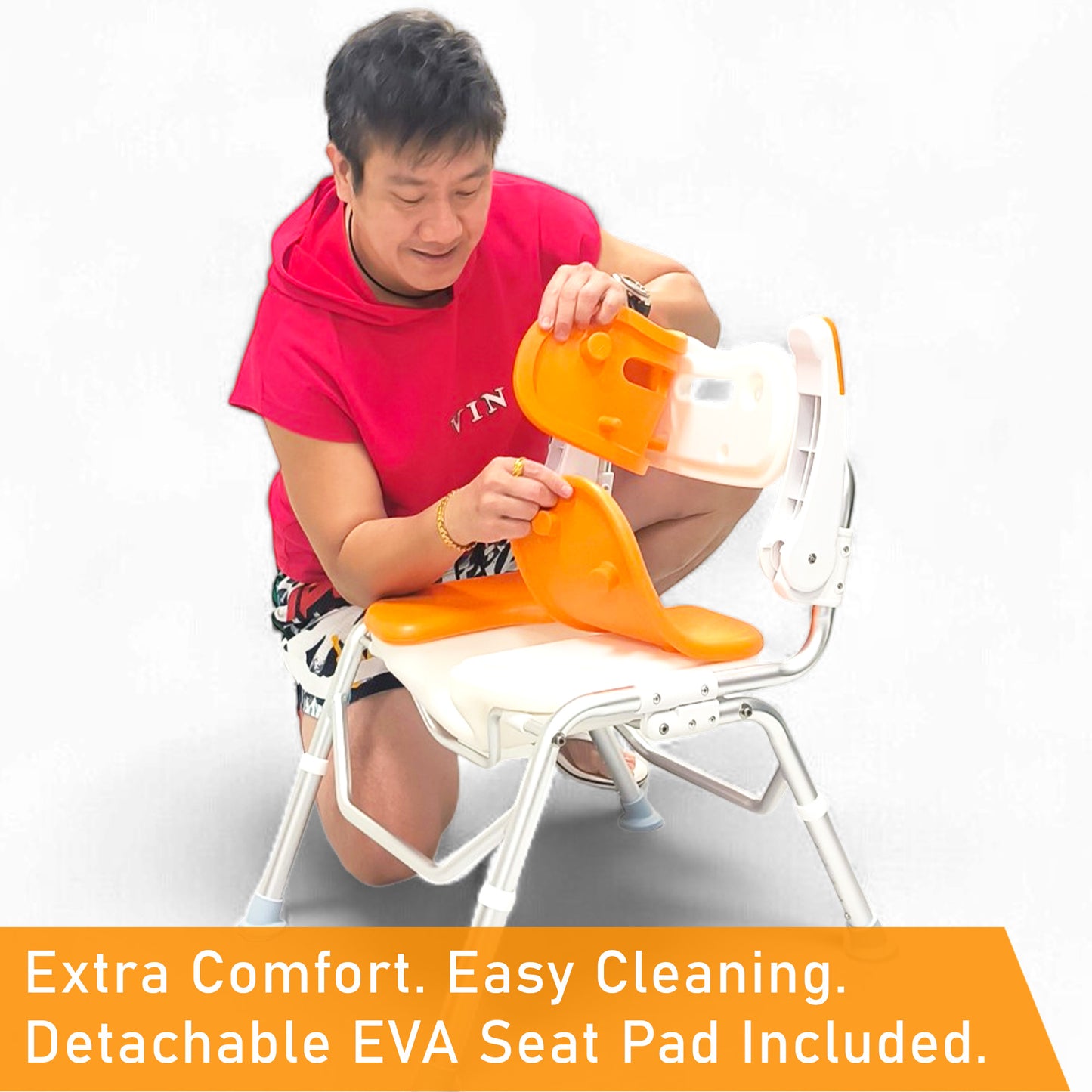ViN-SC01 | Foldable Shower Chair + Detachable Waterproof EVA Soft Cushion + Armrest Flip Up + Adjustable height + Height Adjustable + Slip Resistant + U-Shape Groove Cutout for Private Cleaning
