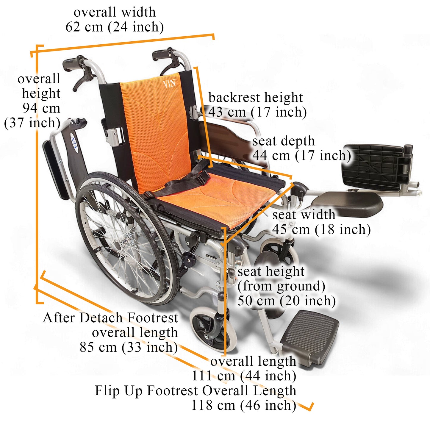 ViN 12A2-EL | Wheelchair Leg Elevated +Self Propelled + Detachable Leg Rest + Flip-up Armrest + Anti-tipper