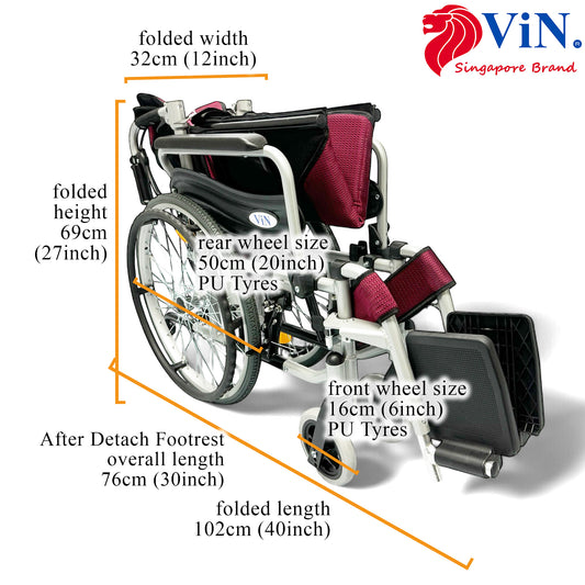 ViN-46A5M | Self Propelled Wheelchair - Washable Cushion - Flip-up Armrest - Detachable Legrest - Anti Tipper