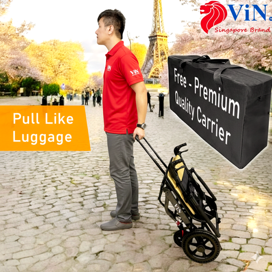 ViN A13 Travel Pushchair, wide seat lightweight wheelchair with suspension, flip-up armrest and footrest, cabin approved