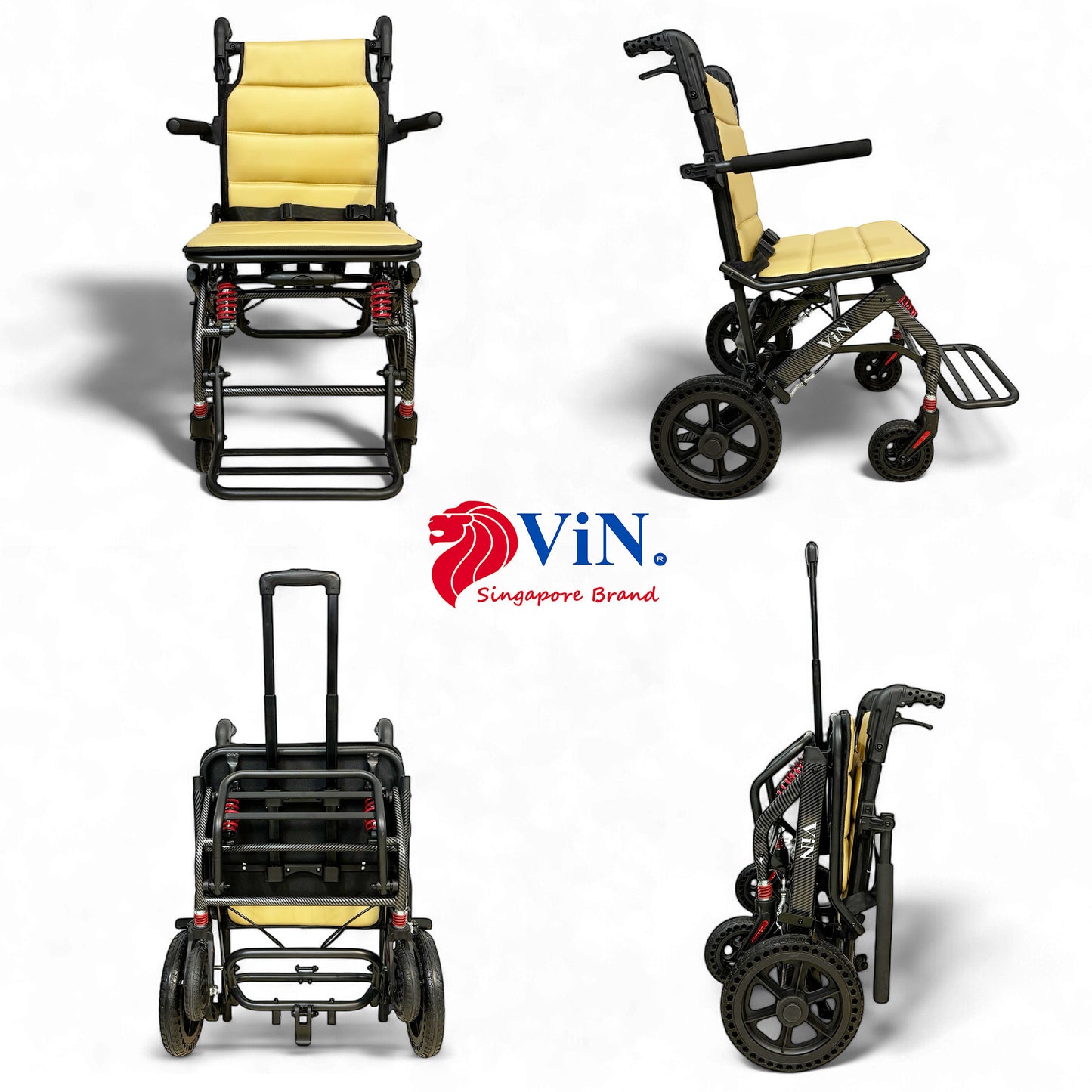 ViN A13 Travel Pushchair, wide seat lightweight wheelchair with suspension, flip-up armrest and footrest, cabin approved