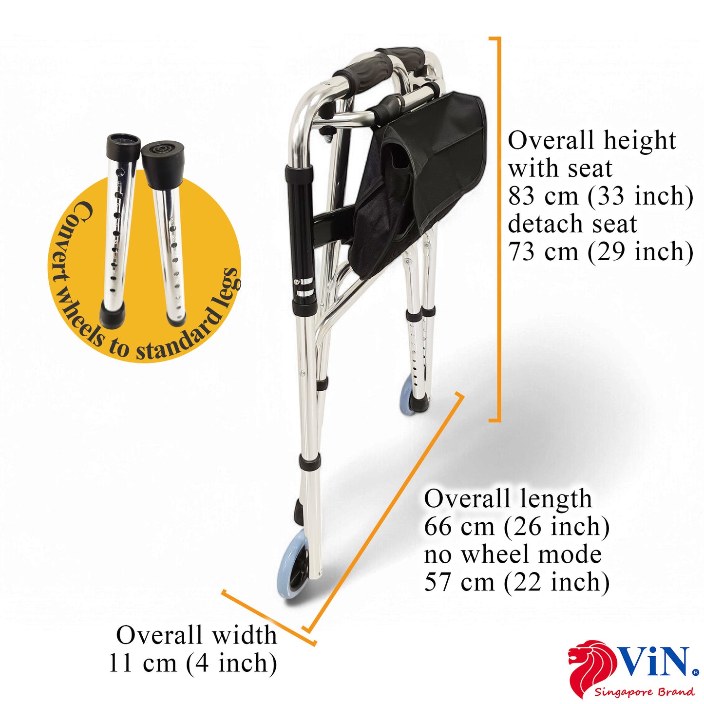 ViN-WF01 | ( * WITHOUT SEAT ) Elderly Walking Aid 2.9 kg Ultra Lightweight Aluminum Staggered Walking Function