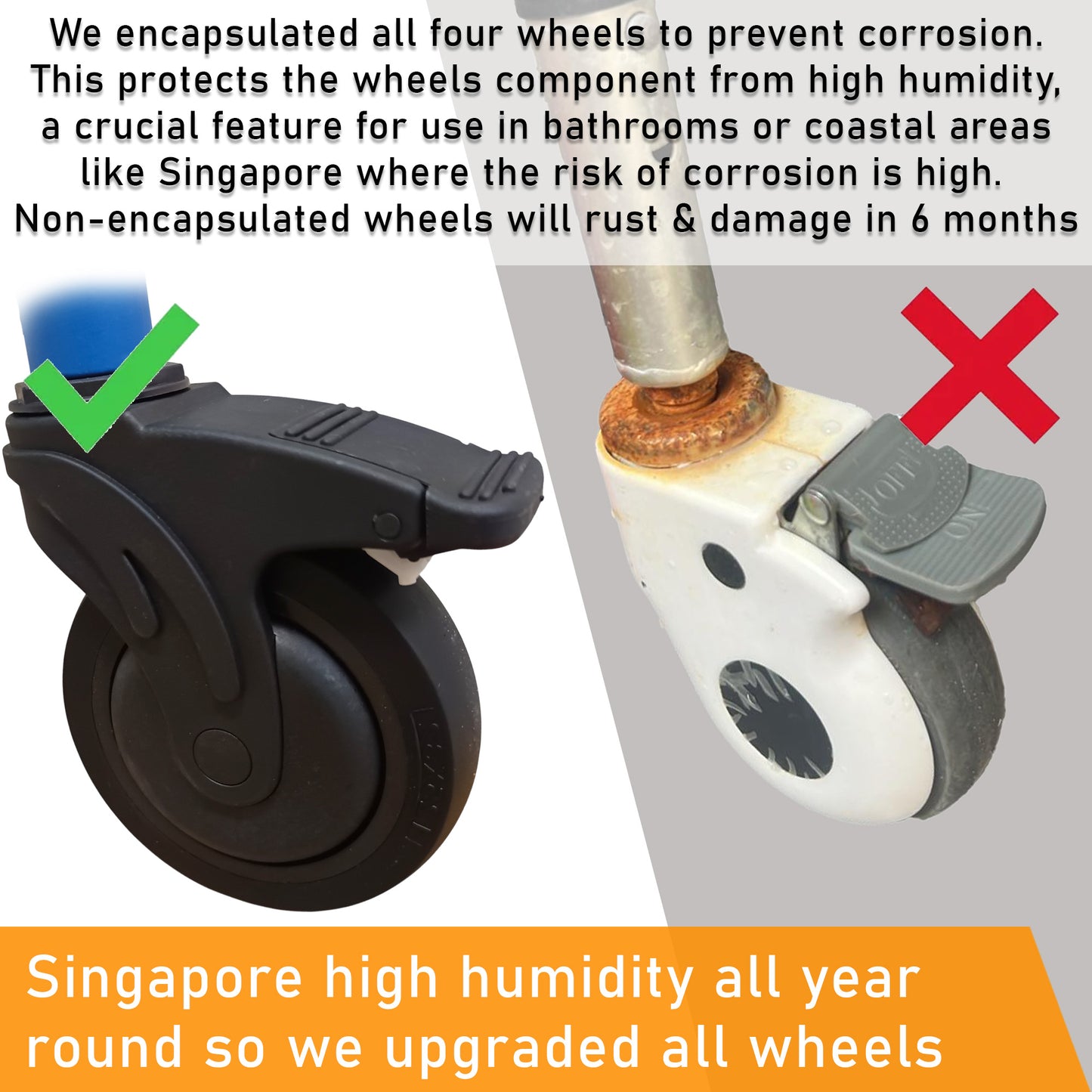 ViN K02 Shower Commode Indoor Wheelchair with Extra-Wide Seat, 4 Lockable Wheels, Flip Up Armrest, Detachable Adjustable Height Footrest, Detachable Waterproof EVA Cushion