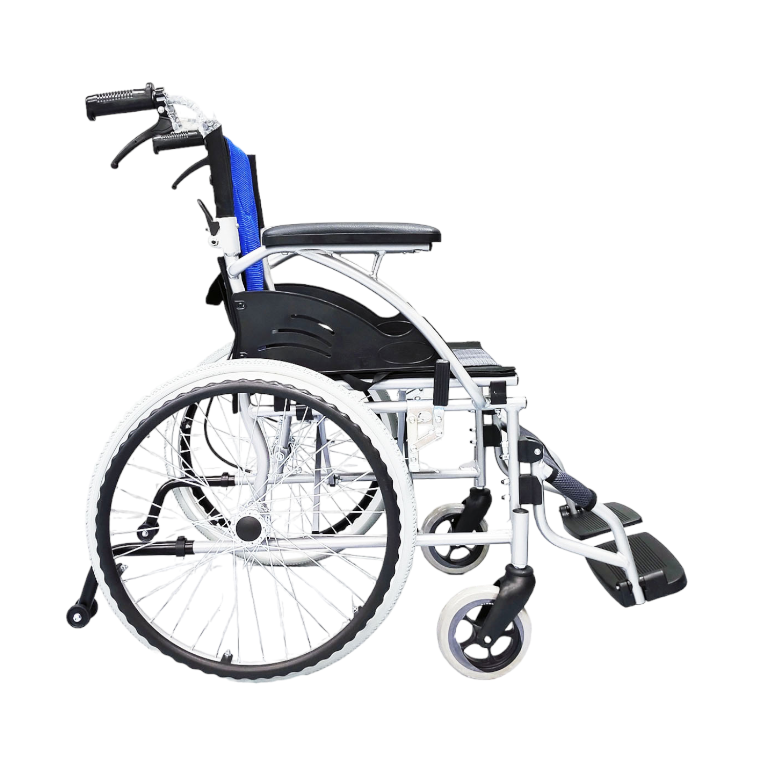 ViN 32AAT Self Propelled Wheelchair, sturdy wheelchair with fixed armrest, retractable footrest, and anti-tipper
