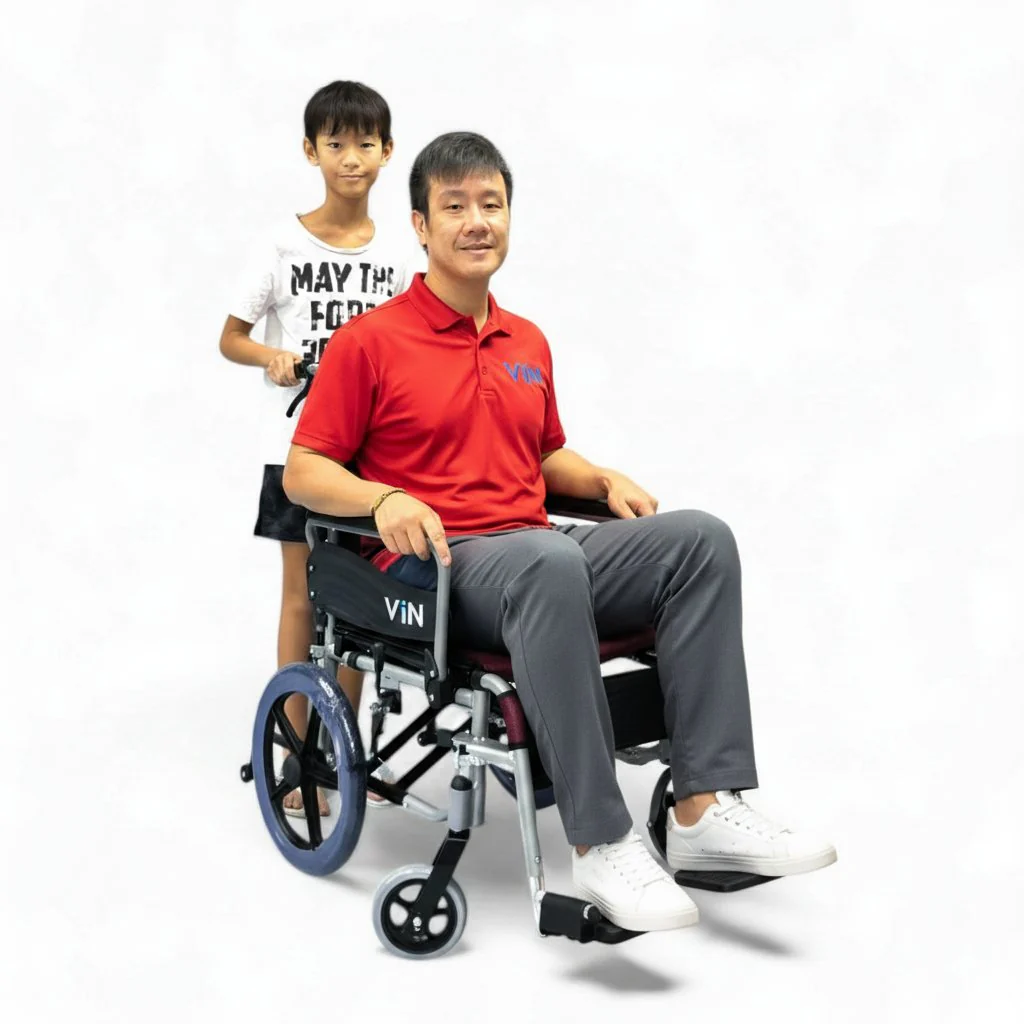 Lightweight compact foldable wheelchairs displayed in a Singapore showroom for testing