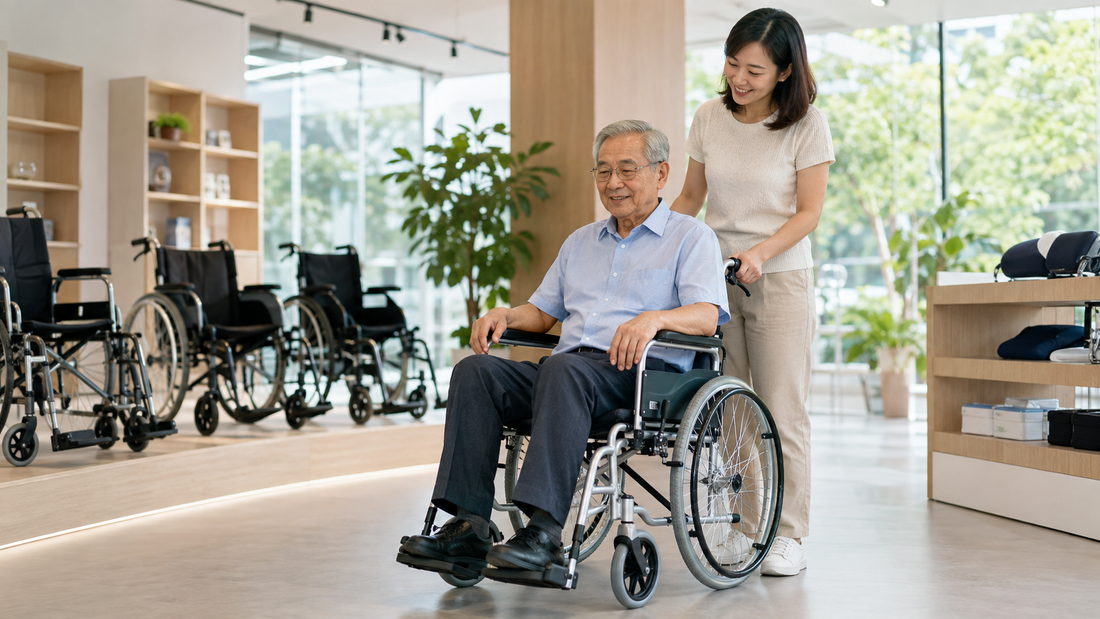 Elderly man and caregiver comparing a lightweight wheelchair in Singapore