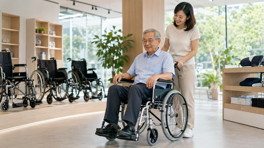 Elderly man and caregiver comparing a lightweight wheelchair in Singapore