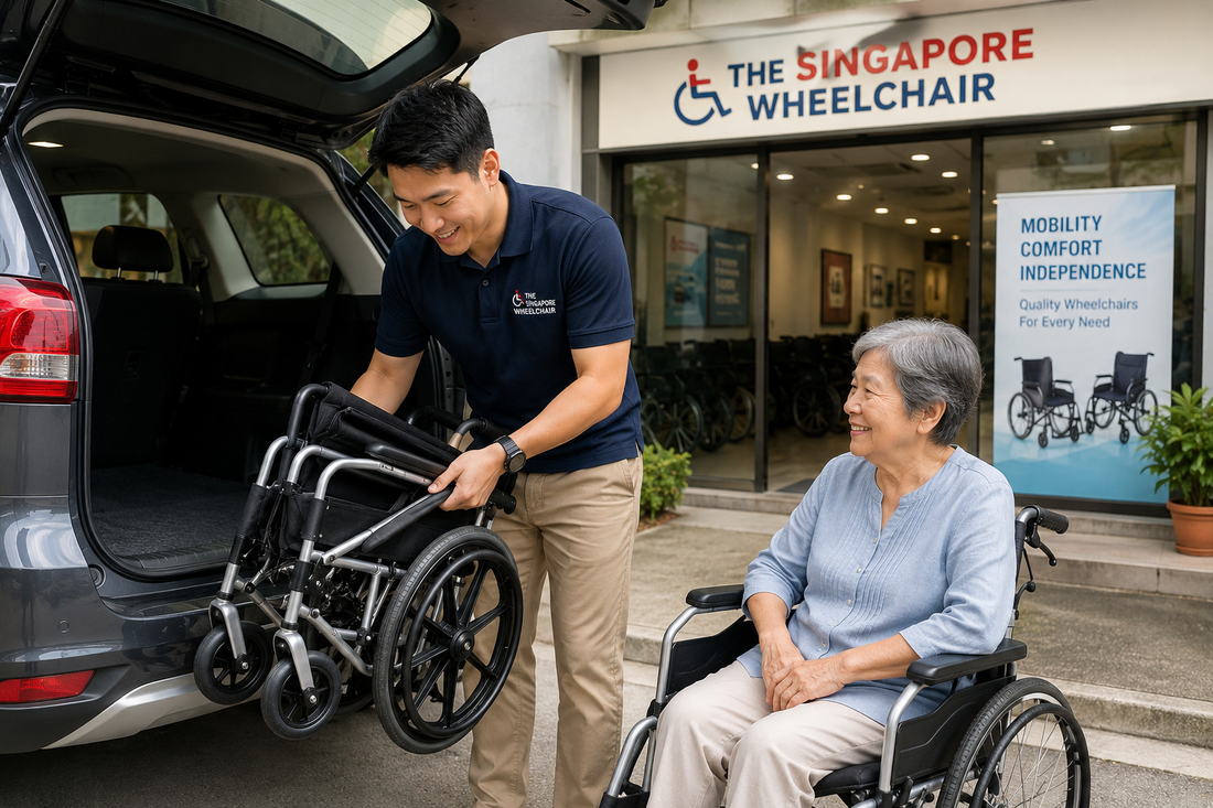 Lightweight wheelchair folded beside car boot for easy transport in Singapore