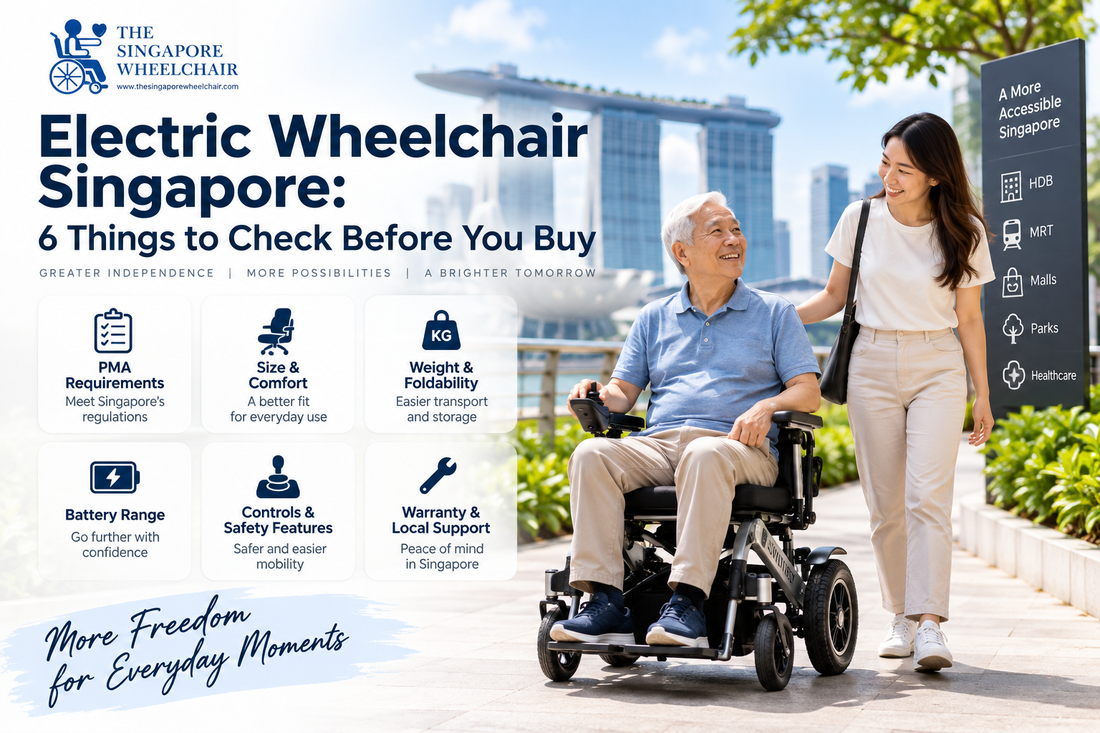 Elderly user testing a lightweight electric wheelchair in Singapore