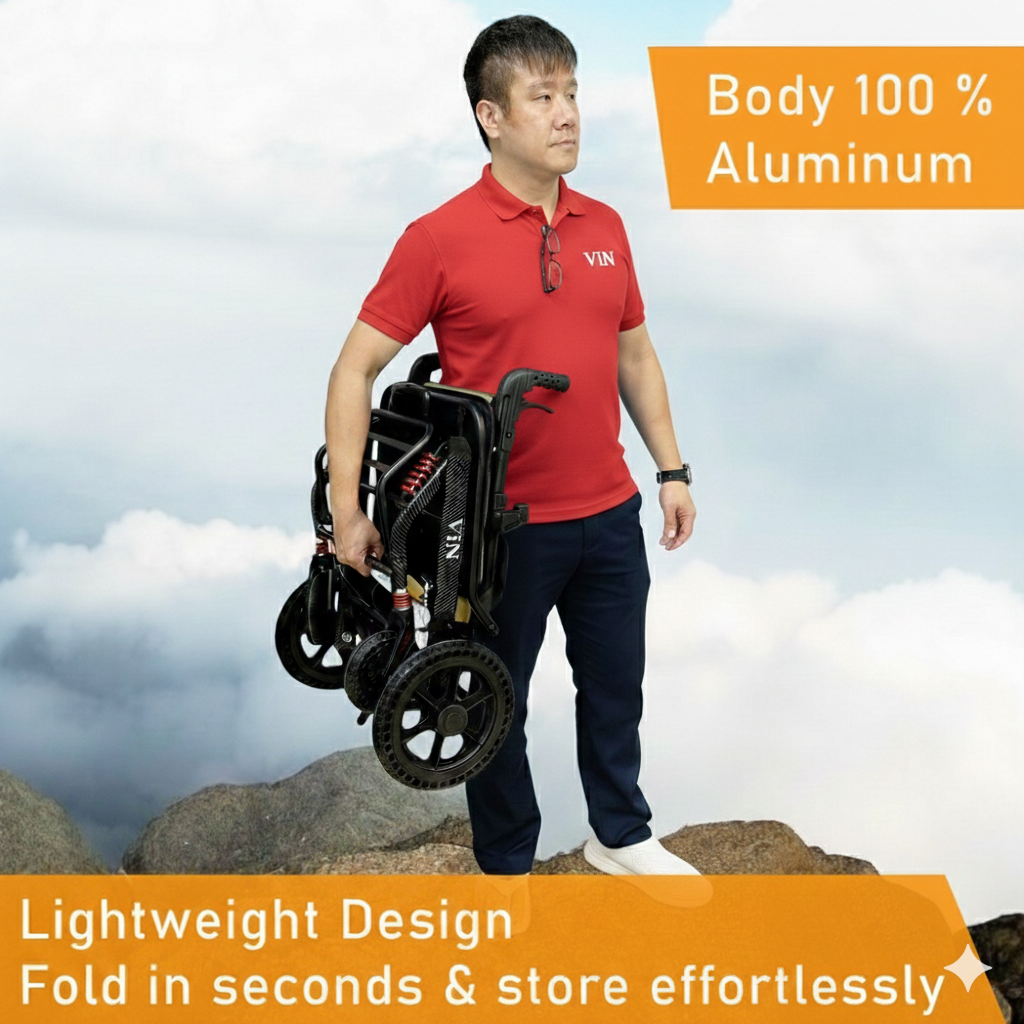 ViN A16 Travel Pushchair, lightweight wheelchair with removable cushion, suspension, and cabin approved design