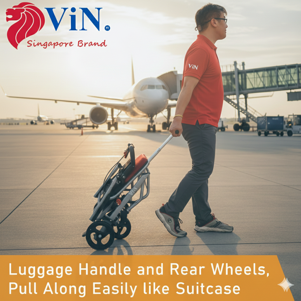 Man pulling a wheelchair for plane at an airport, featuring the ViN brand.