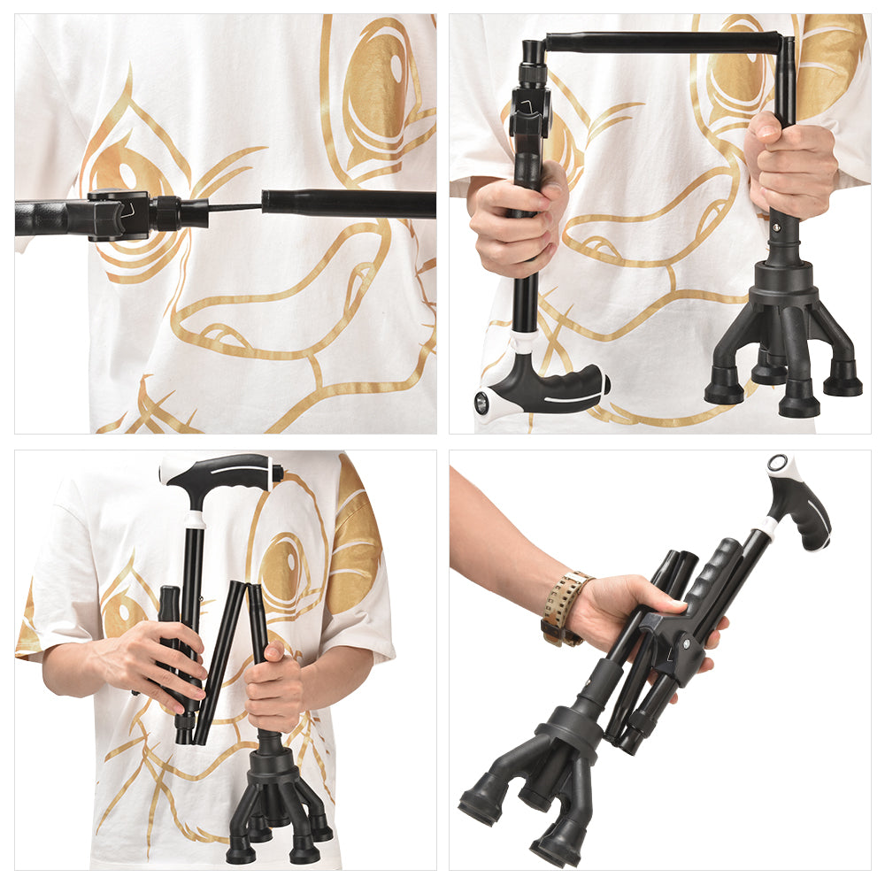 ViN WS03 | Aluminum Cane + 4 Section Adjustable + With Lights + Foldable + Assist Handle + Anti-Slip + Silky Safety Strap + 360-degree Rotation + Pivoting Base
